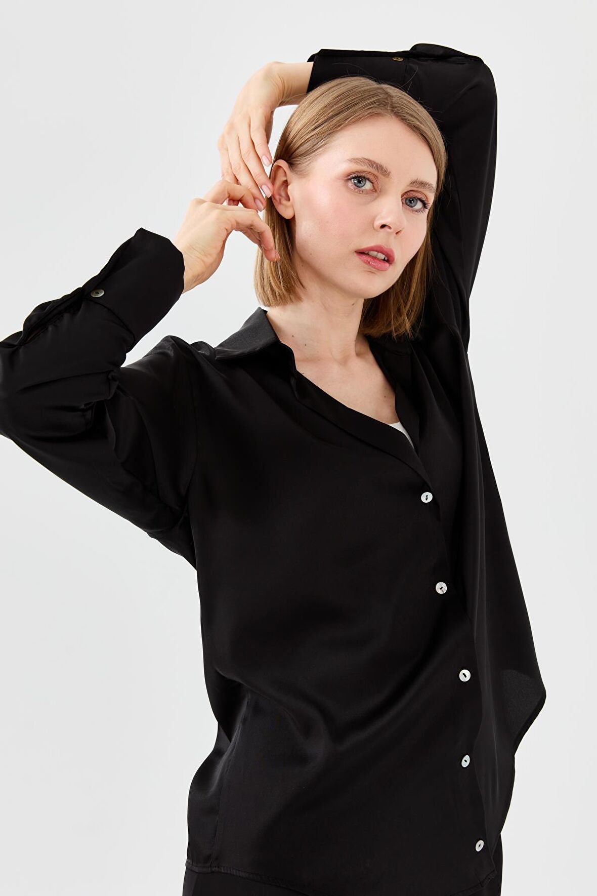 Kadın Saten Patlı Gömlek Siyah