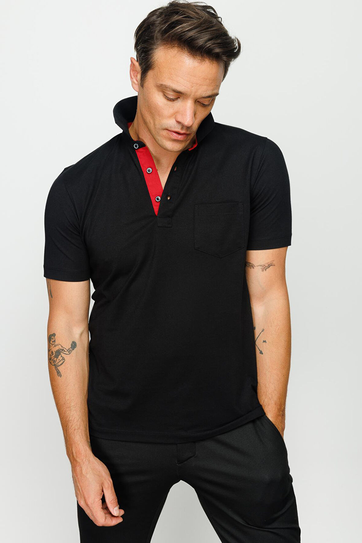 Erkek Polo Yaka Düğmeli Cepli T-shirt Siyah