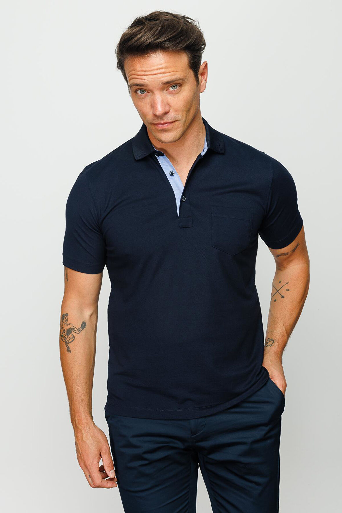 Erkek Polo Yaka Düğmeli Cepli T-shirt Lacivert