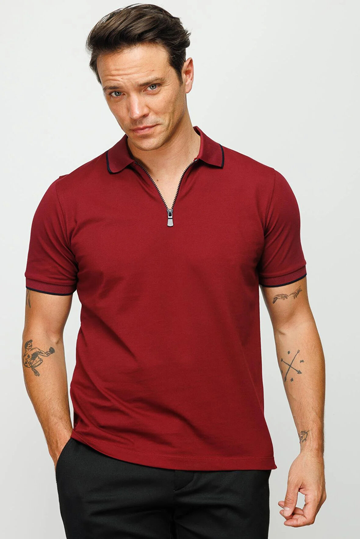 Erkek Fermuarlı Polo Yaka T-shirt Bordo