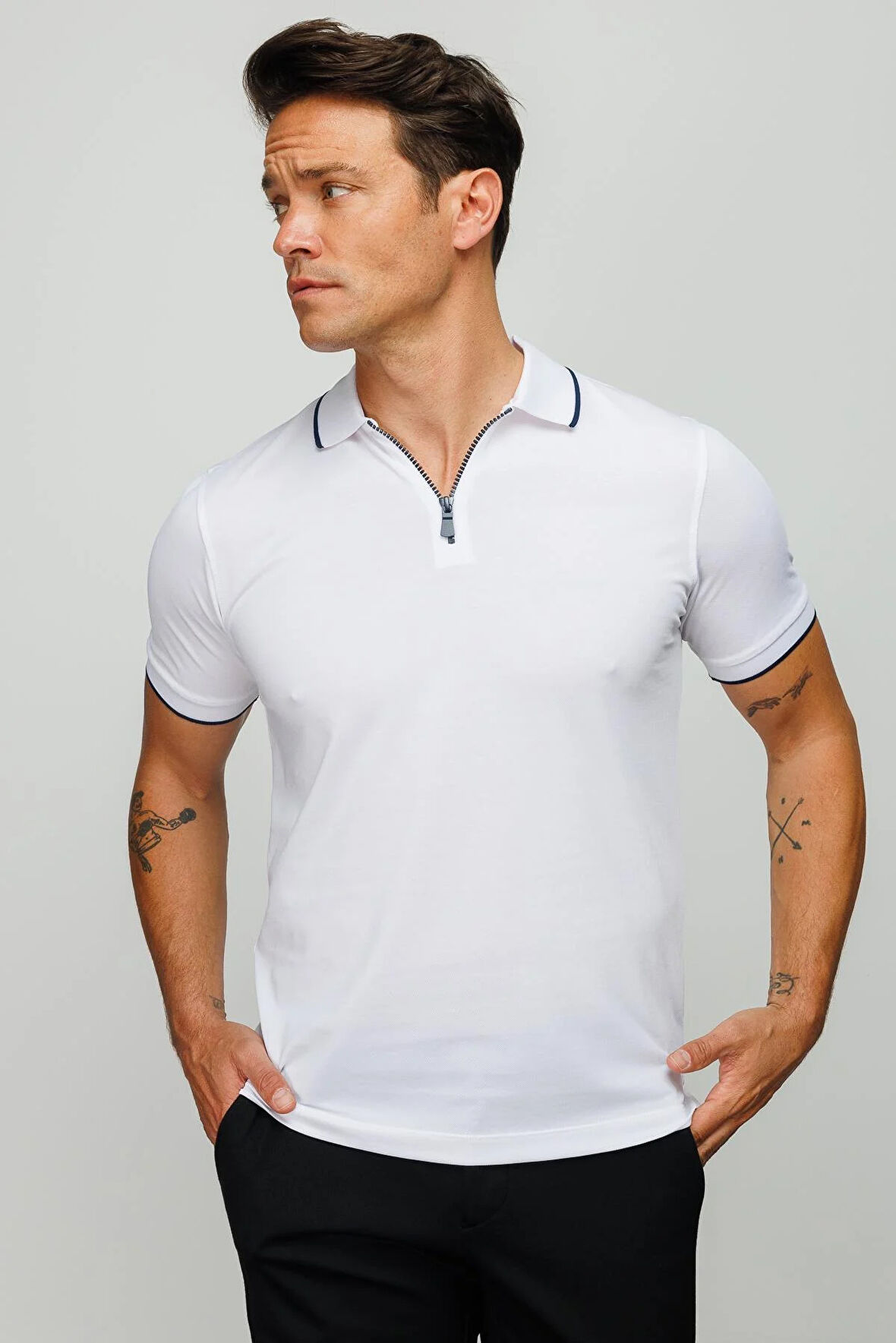 Erkek Fermuarlı Polo Yaka T-shirt Beyaz