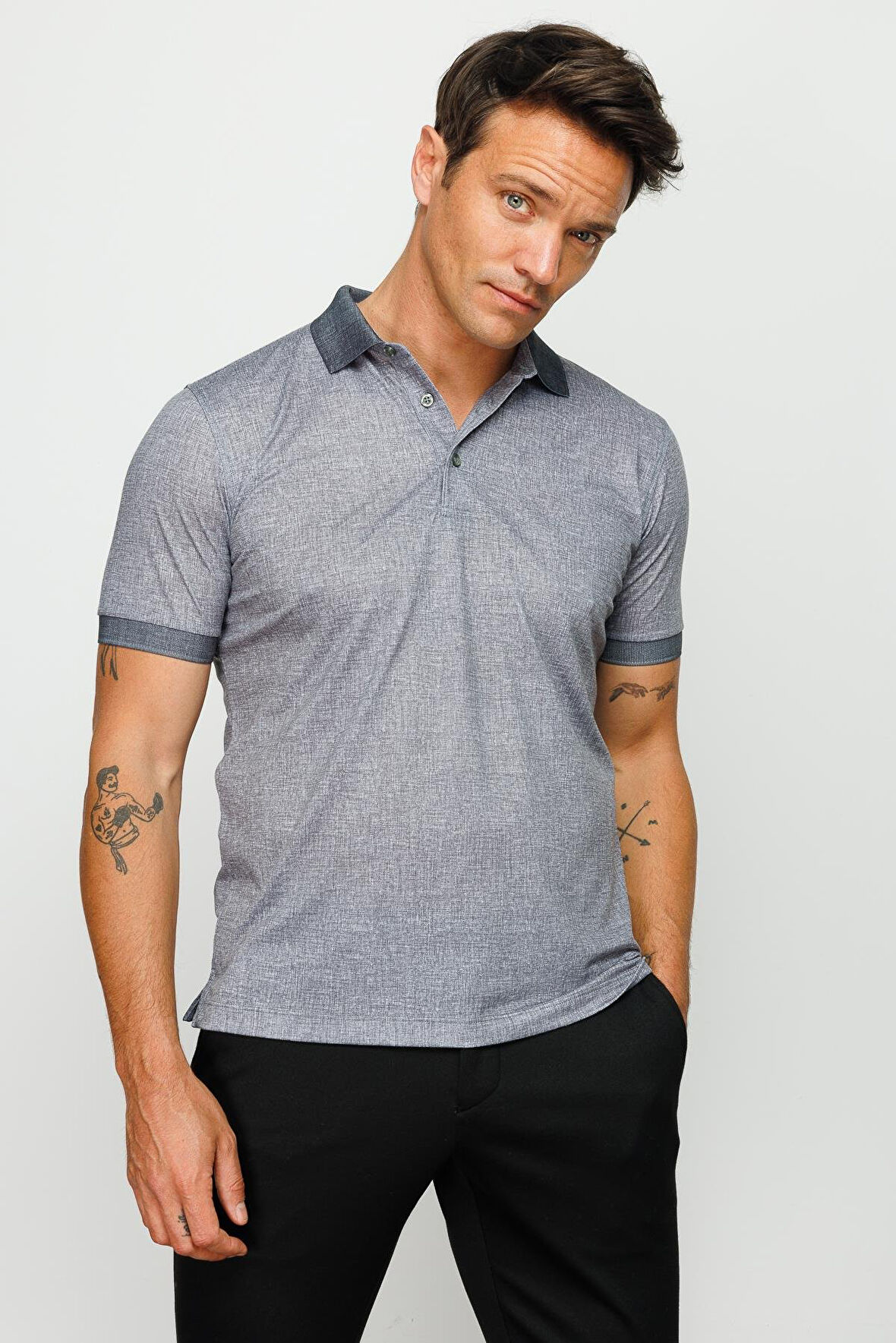 Erkek Polo Yaka Keten Baskılı T-shirt Siyah