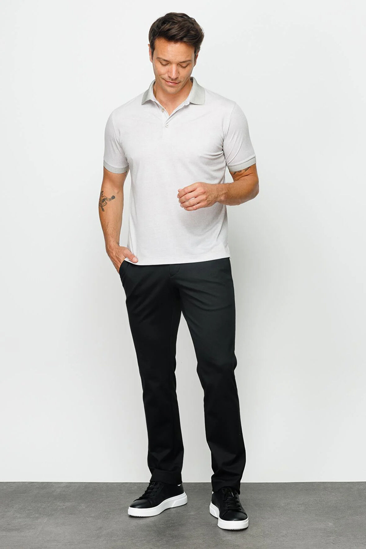 Erkek Polo Yaka Keten Baskılı T-shirt Bej