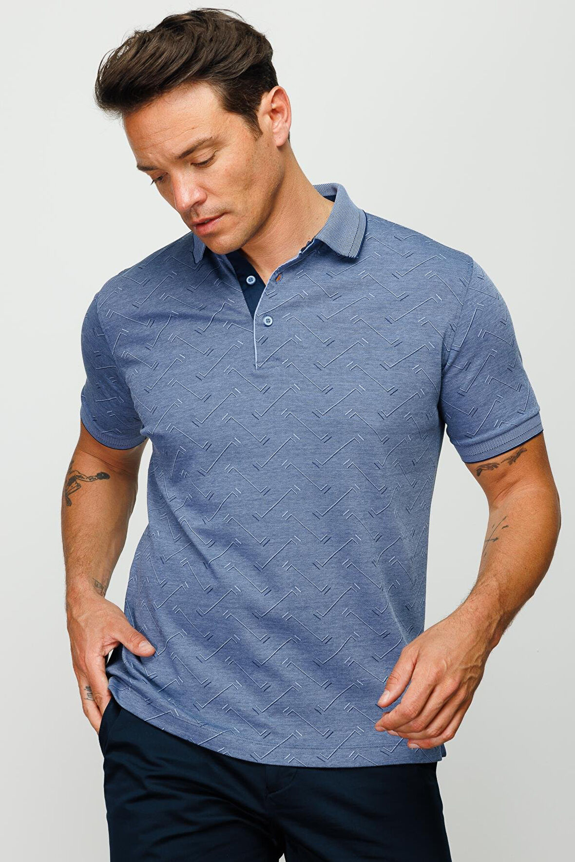Erkek Polo Yaka Jakarlı Düğmeli T-shirt Lacivert