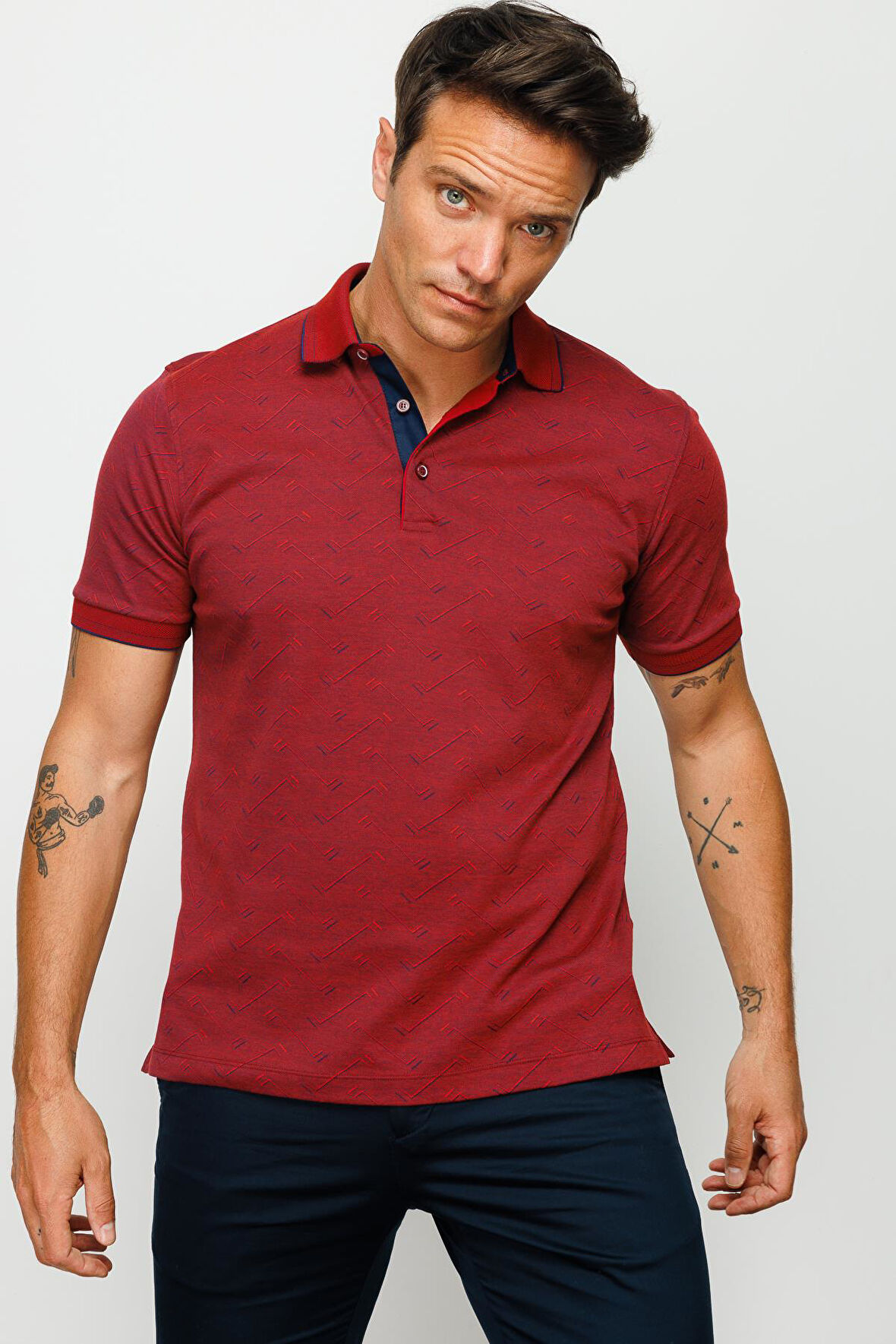 Erkek Polo Yaka Jakarlı Düğmeli T-shirt Bordo