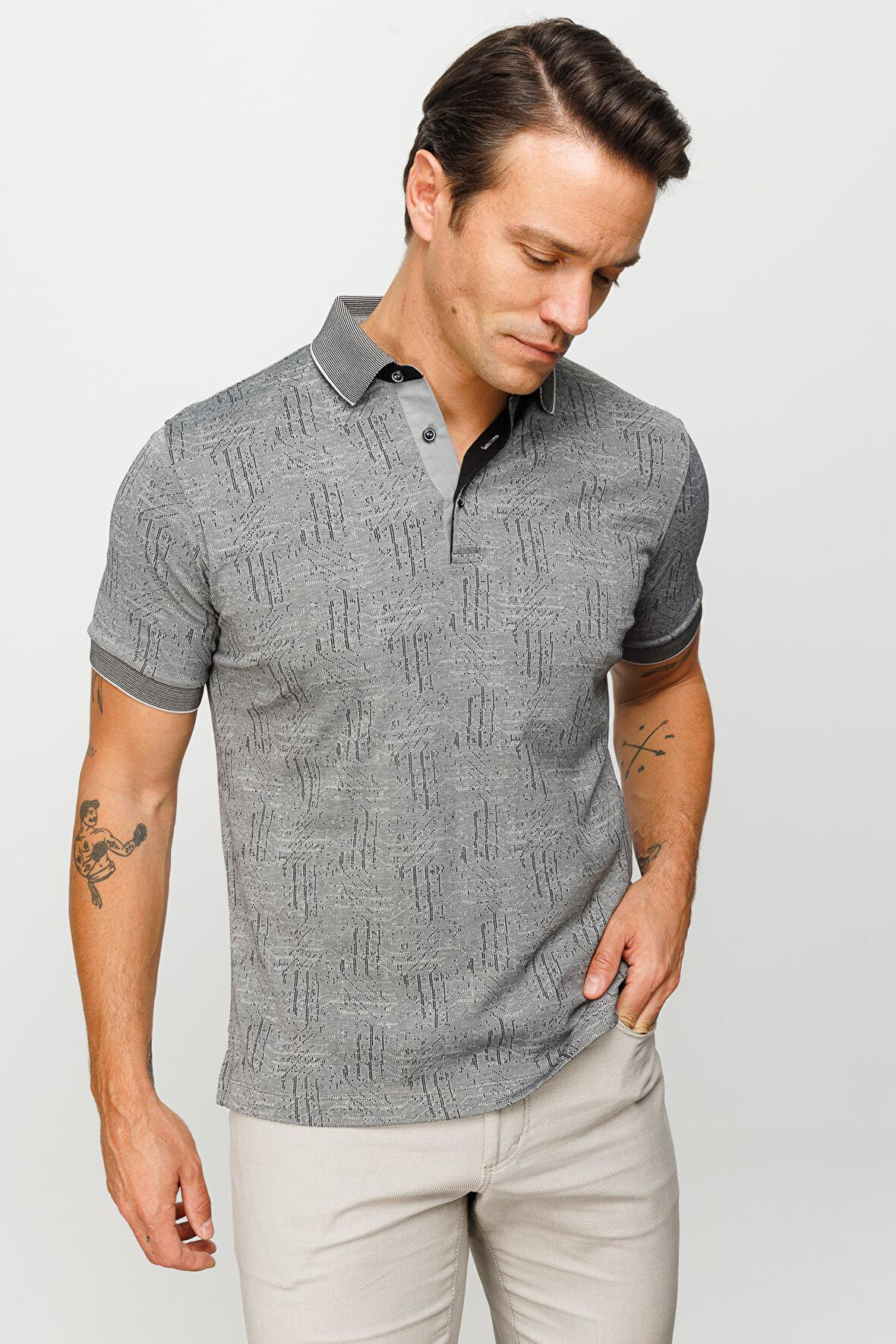 Erkek Polo Yaka Jakarlı Kısa Kollu T-shirt Siyah