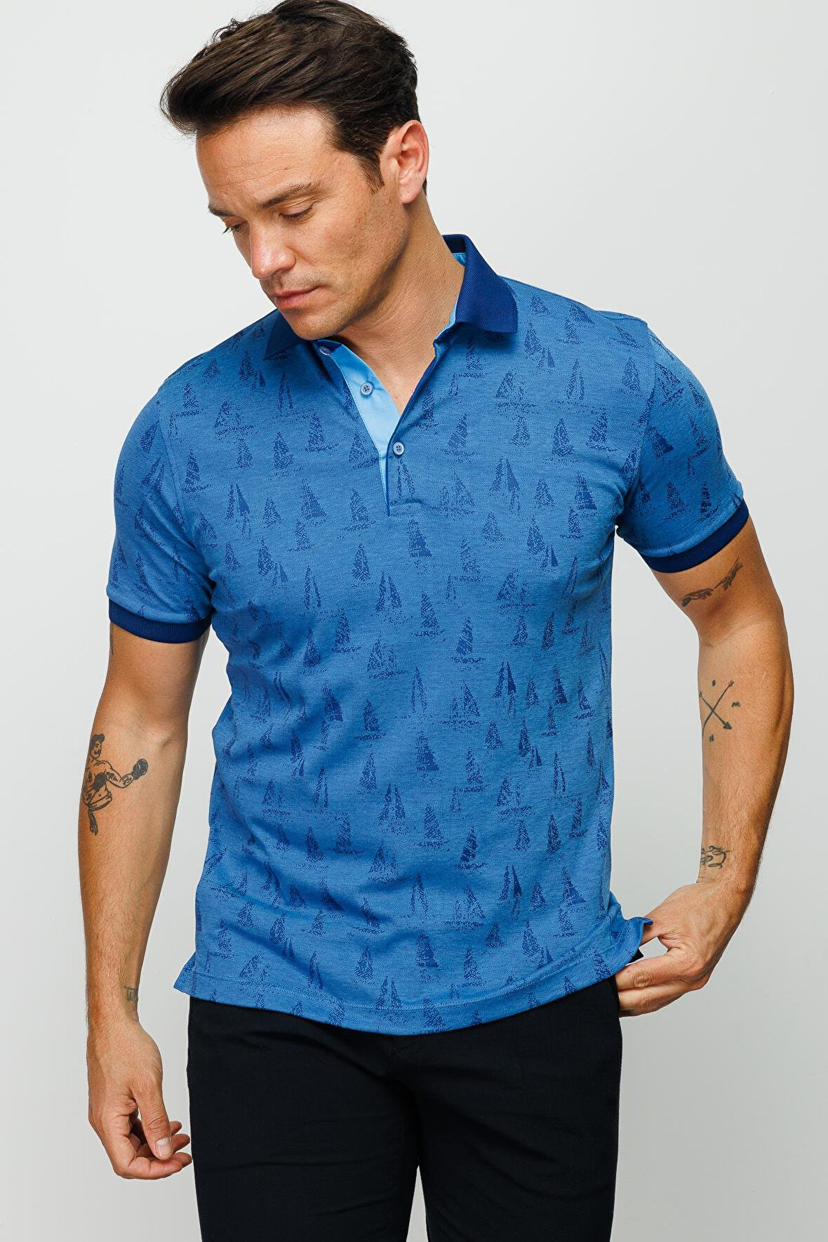 Erkek Polo Yaka Yelken Desenli T-shirt Saks