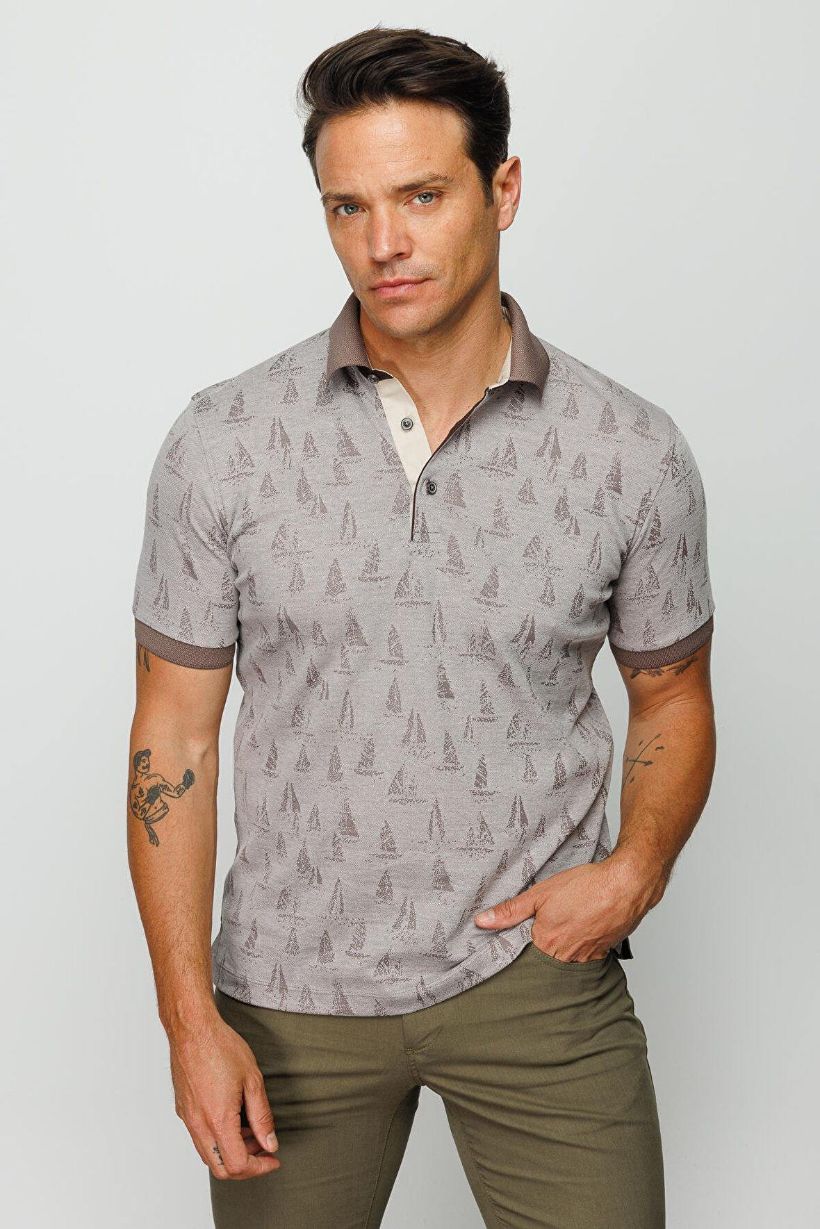 Erkek Polo Yaka Yelken Desenli T-shirt Bej