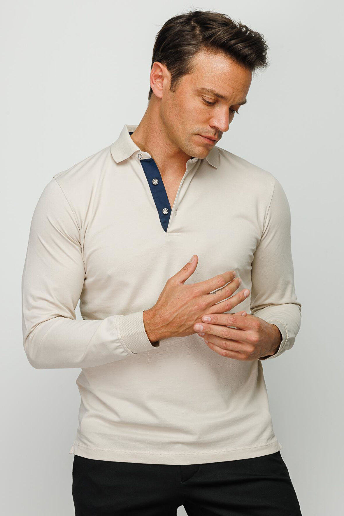 Erkek Polo Yaka Uzun Kollu Sweatshirt Taş