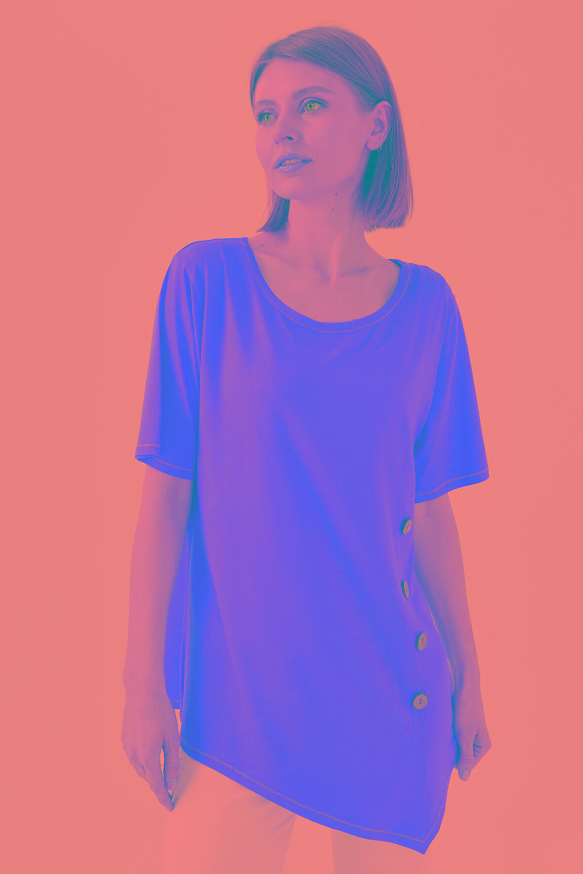 Kadın Sıfır Yaka Önü Ahşap Düğmeli Penye T-shirt Oranj