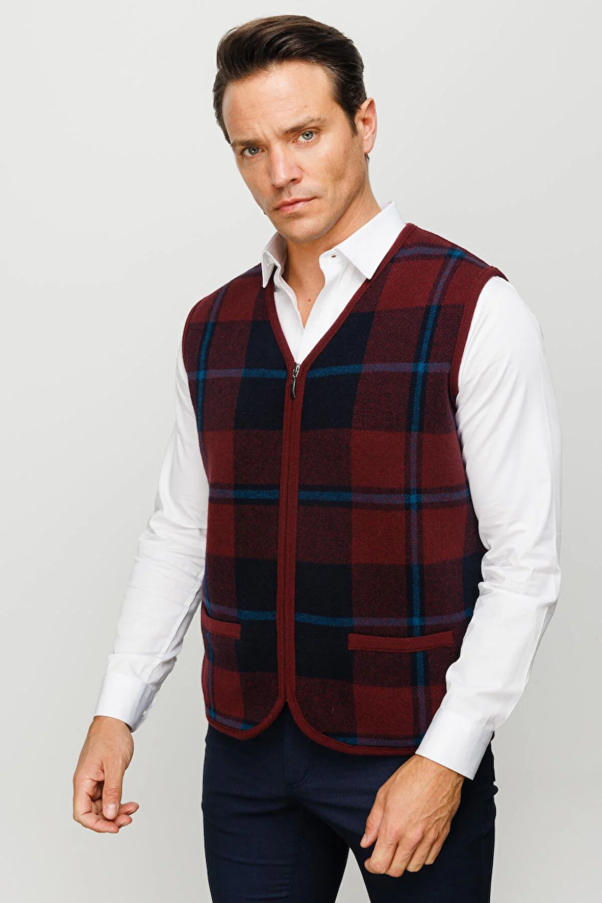 Erkek V Yaka Önü Kareli Yelek Bordo