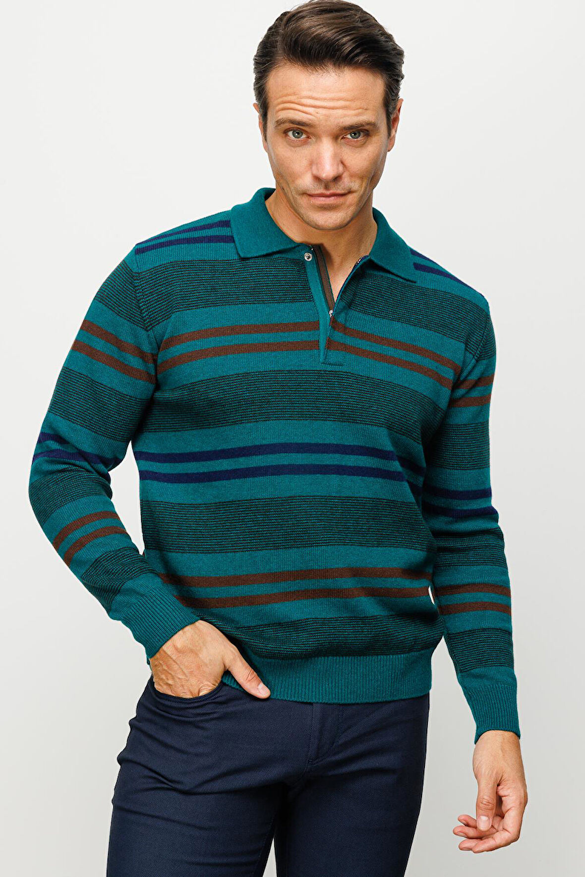 Erkek Polo Yaka Renkli Çizgili Kalın Yün Kazak K.Ö.başı