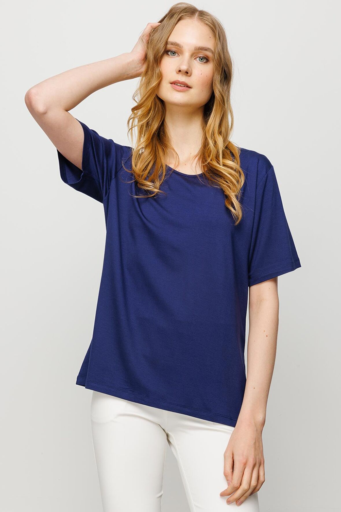 Kadın Sıfır Yaka Basic Penye T-shirt Lacivert