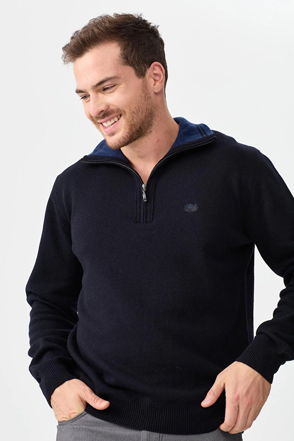 Erkek Fermuarlı Yaka Klasik Yün Kazak Y.A Lacivert