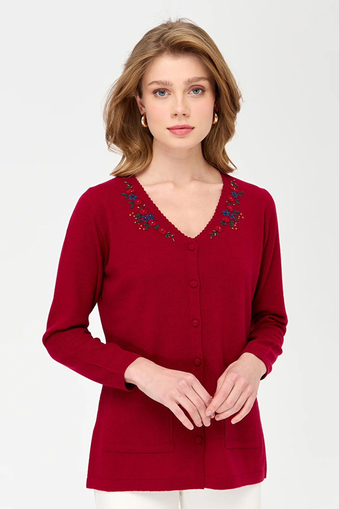 Kadın V Yaka Kenarı Dantel İşlemeli Yün Hırka V.Çürüğü