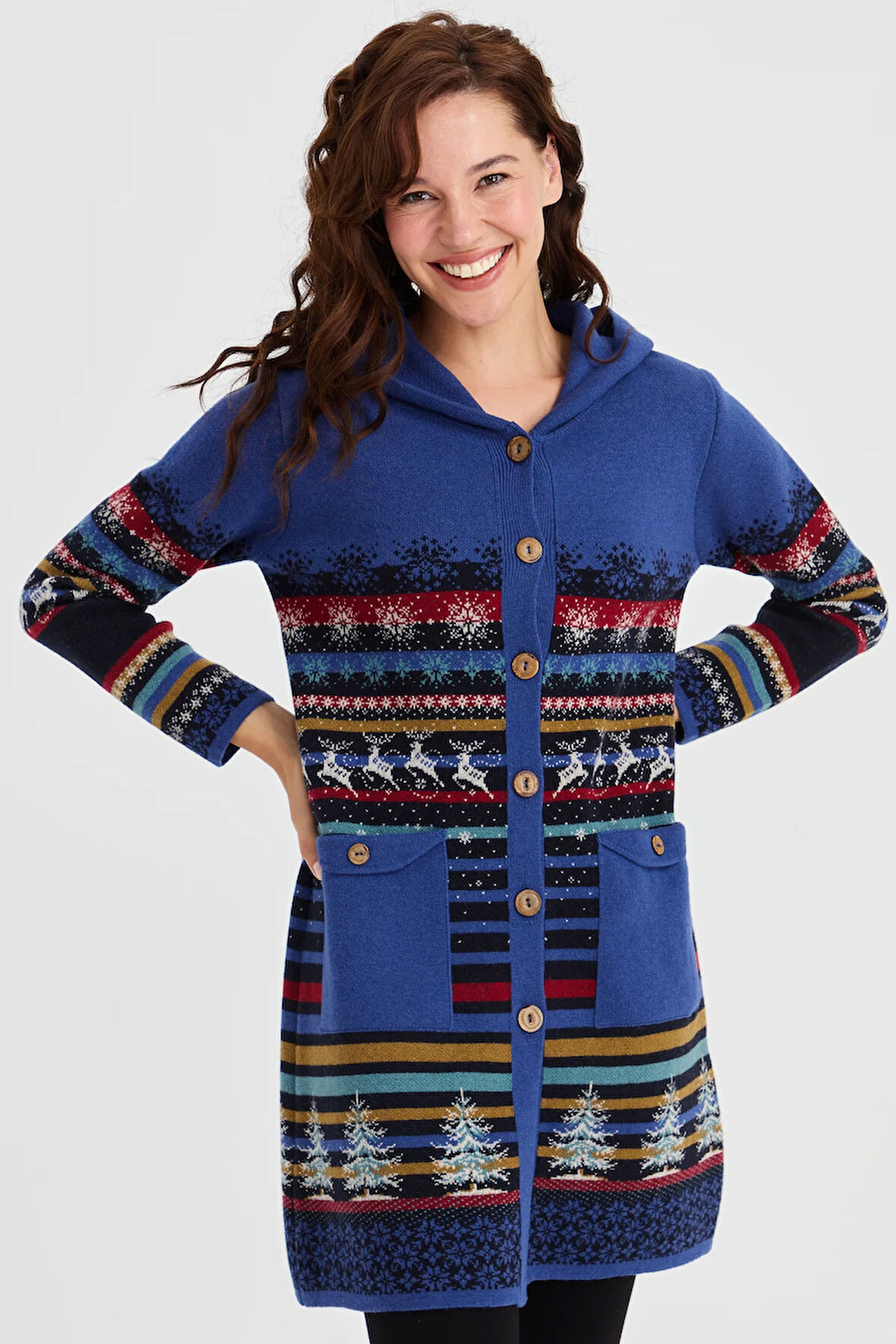 Kadın Kapüşonlu Kar ve Geyik Desenli Uzun Yün Hırka K.Lacivert