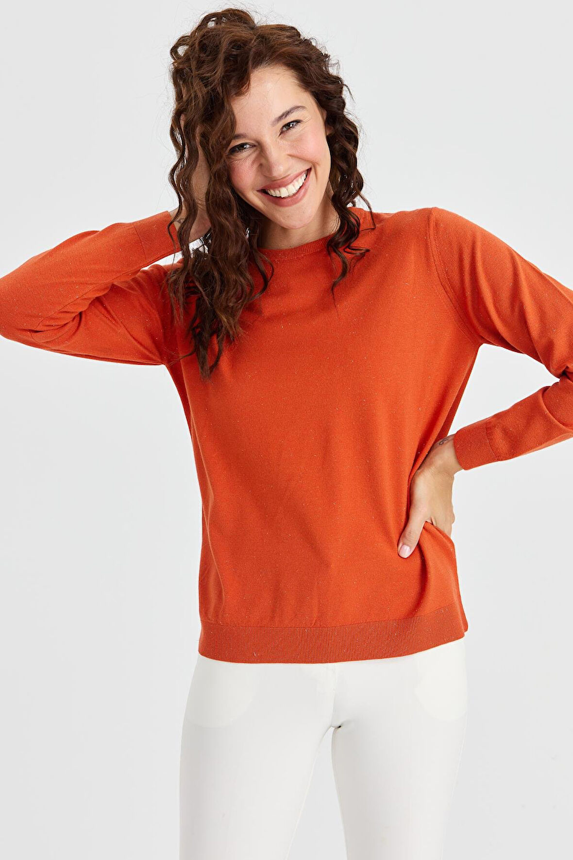 Kadın Sıfır Yaka Angelina Basic Kazak Portakal
