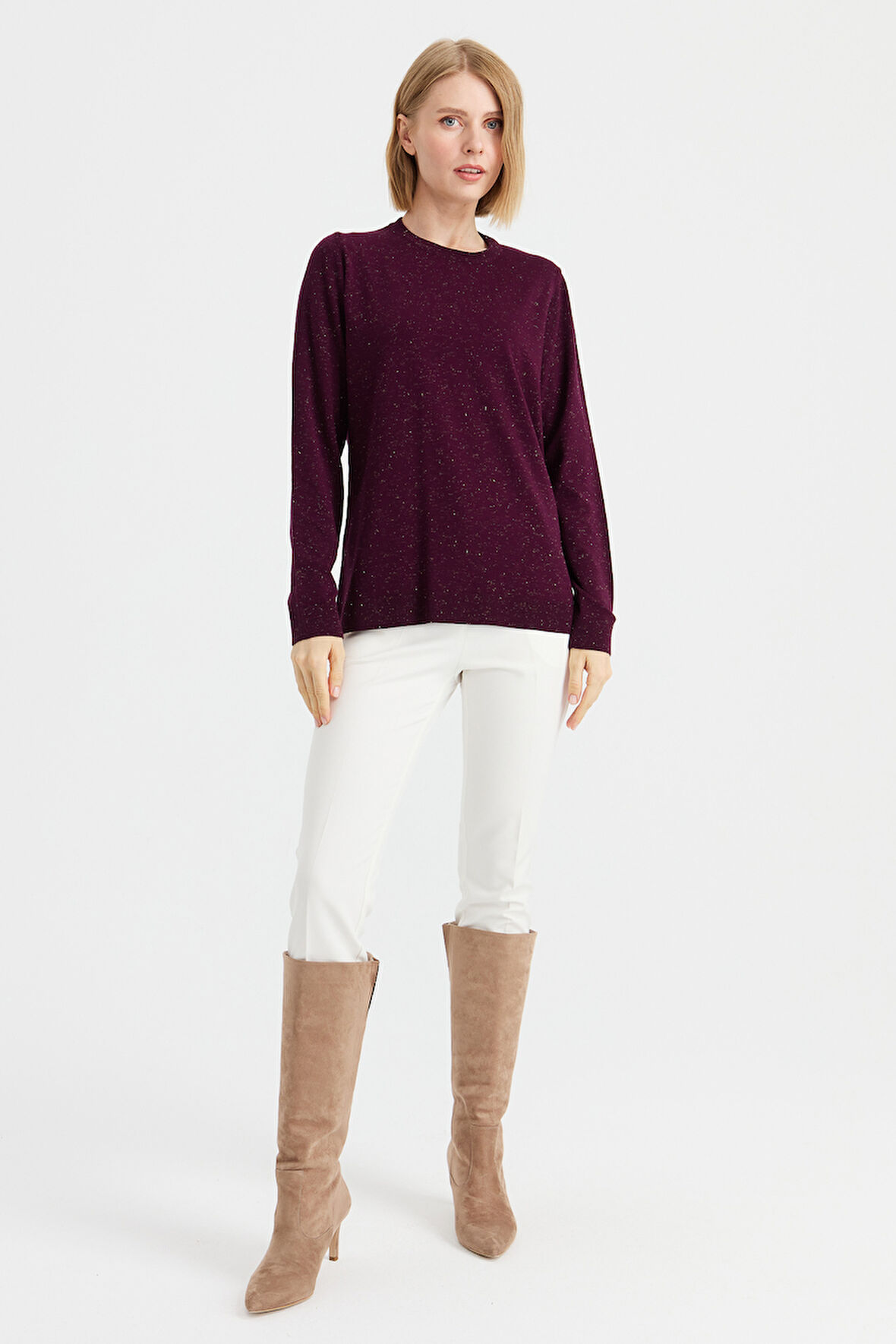 Kadın Sıfır Yaka Angelina Basic Kazak K.Mürdüm