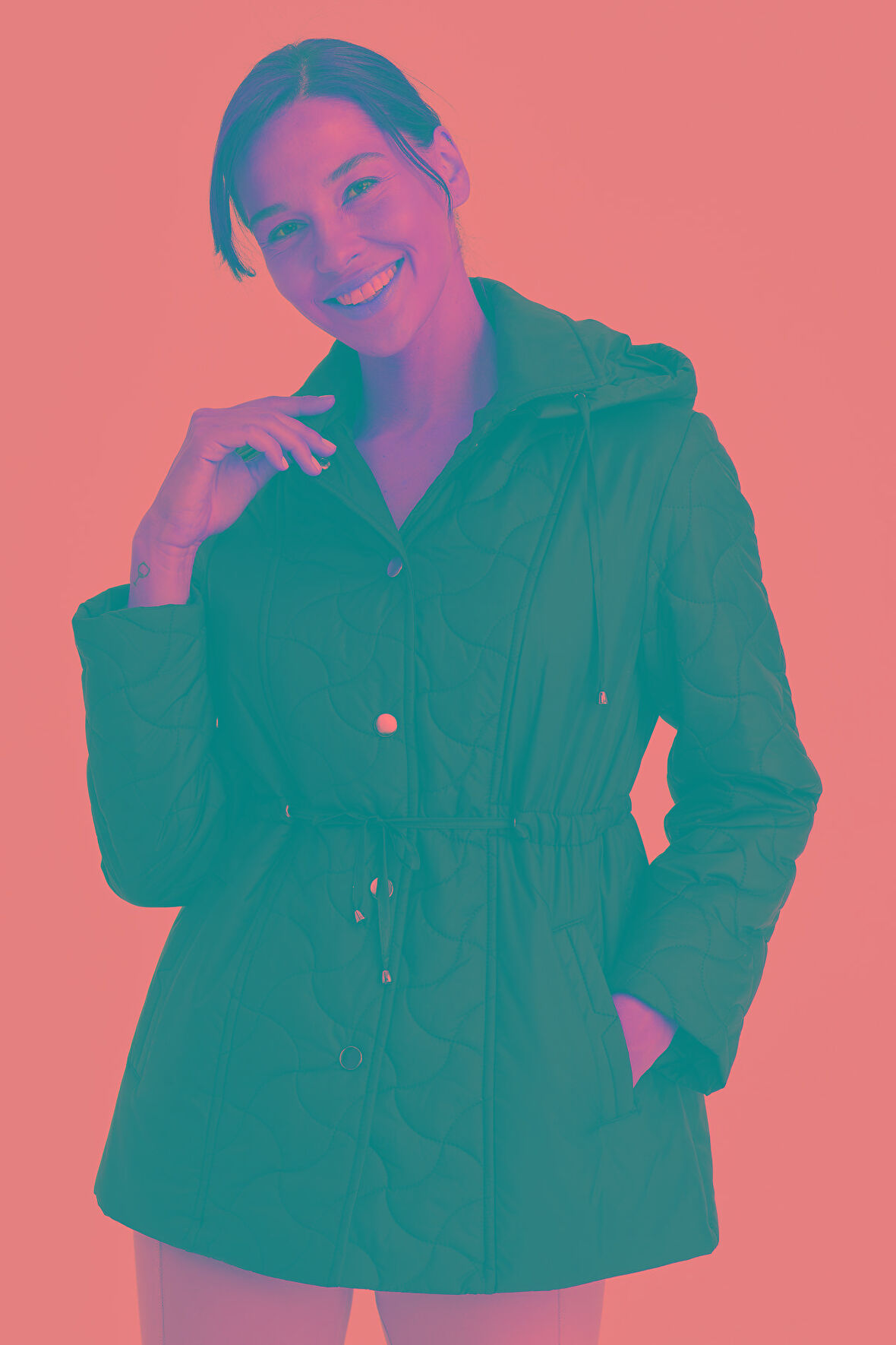 Kadın Kapüşonlu Beli Bağcıklı Kapitone Kaban Siyah