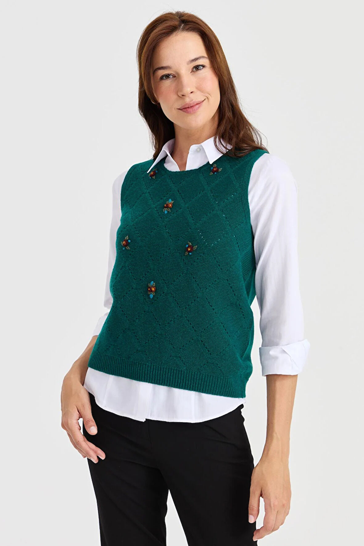 Kadın Sıfır Yaka Önü Baklava Linksli Yün Süveter K.Ö.başı