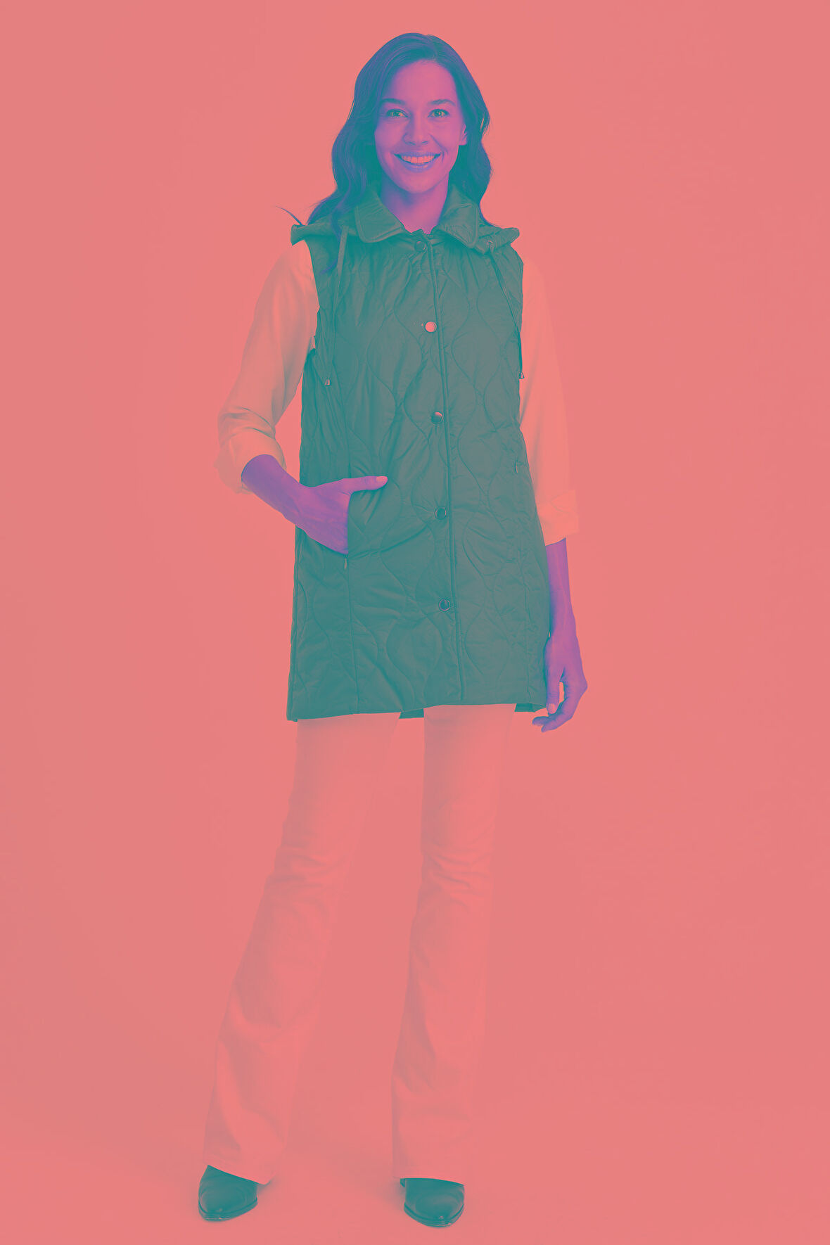 Kadın Kapüşonlu Kapitone Yelek Gri