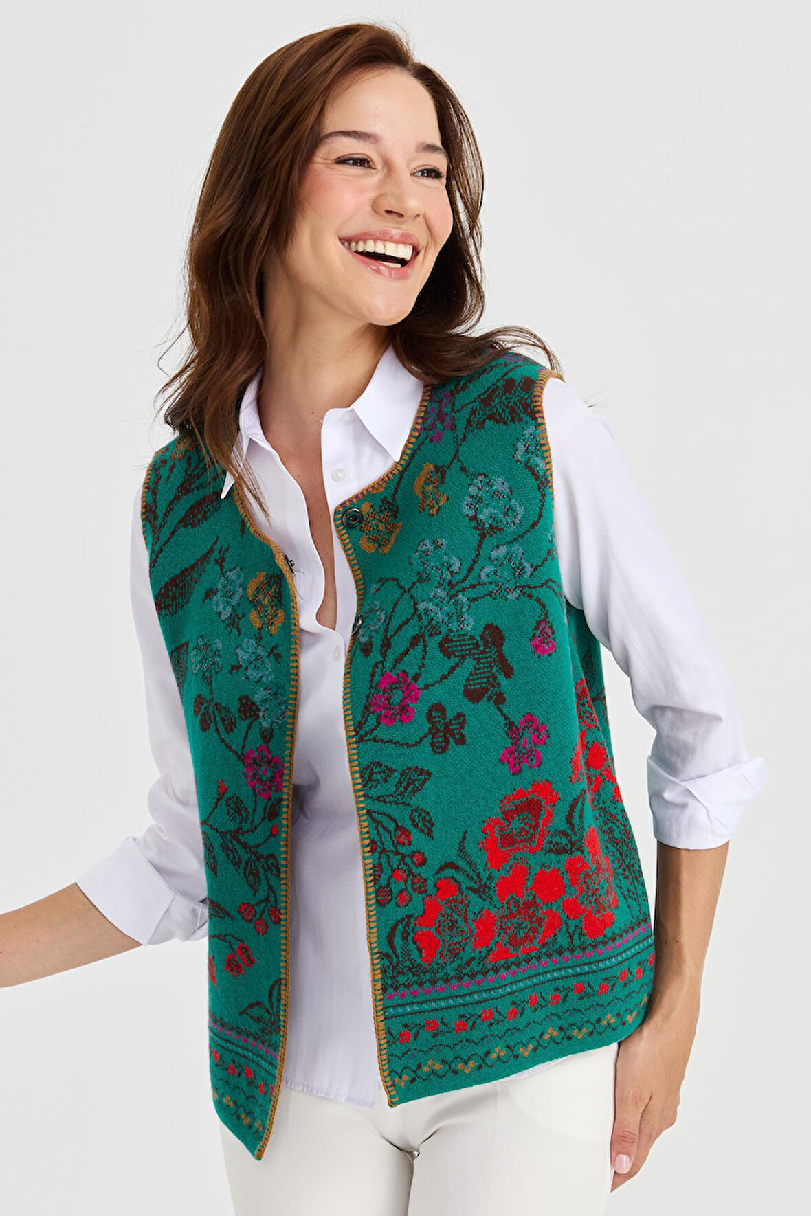 Kadın Sıfır Yaka Sarmaşık Desenli Yün Yelek A.Ö.Başı