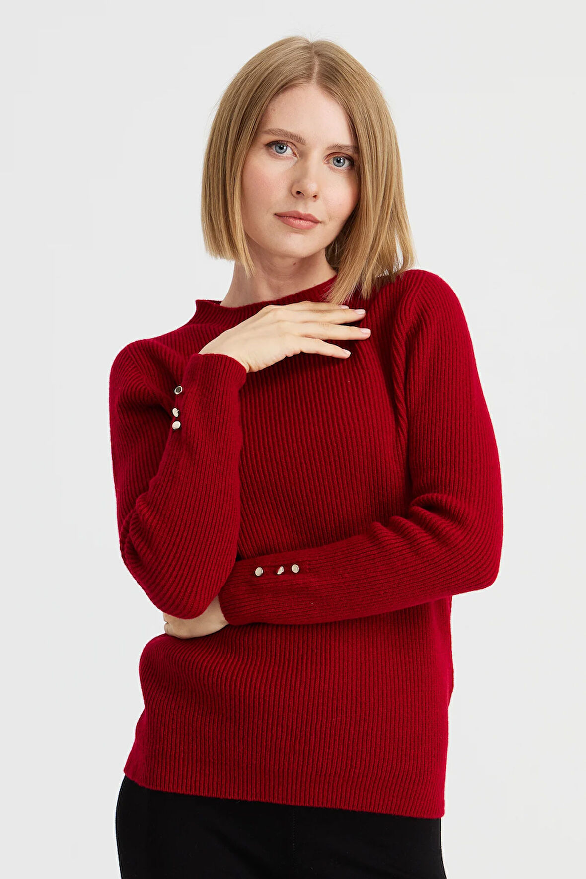 Kadın Sıfır Yaka Kol Ucu Düğmeli Yün Kazak K.Kırmızı