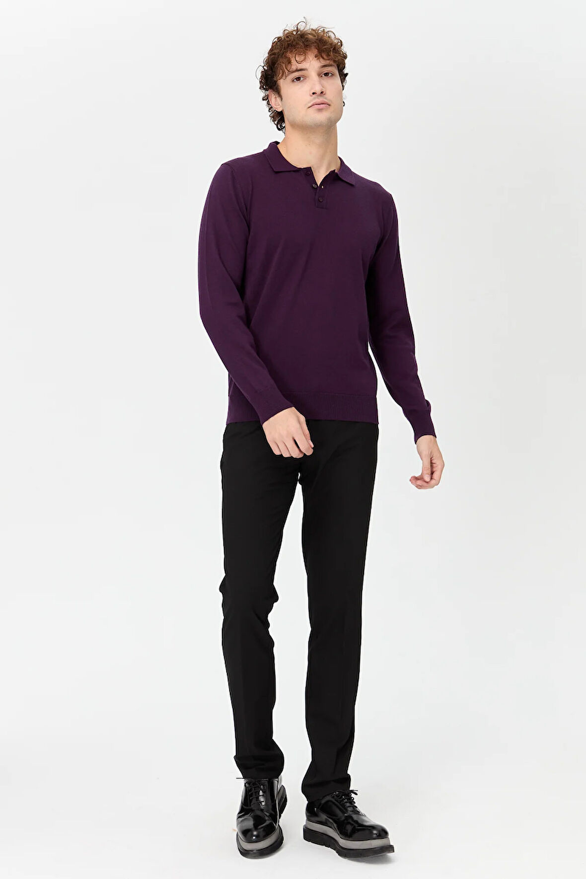 Erkek Basic Polo Yaka İnce Triko Kazak K.Mor