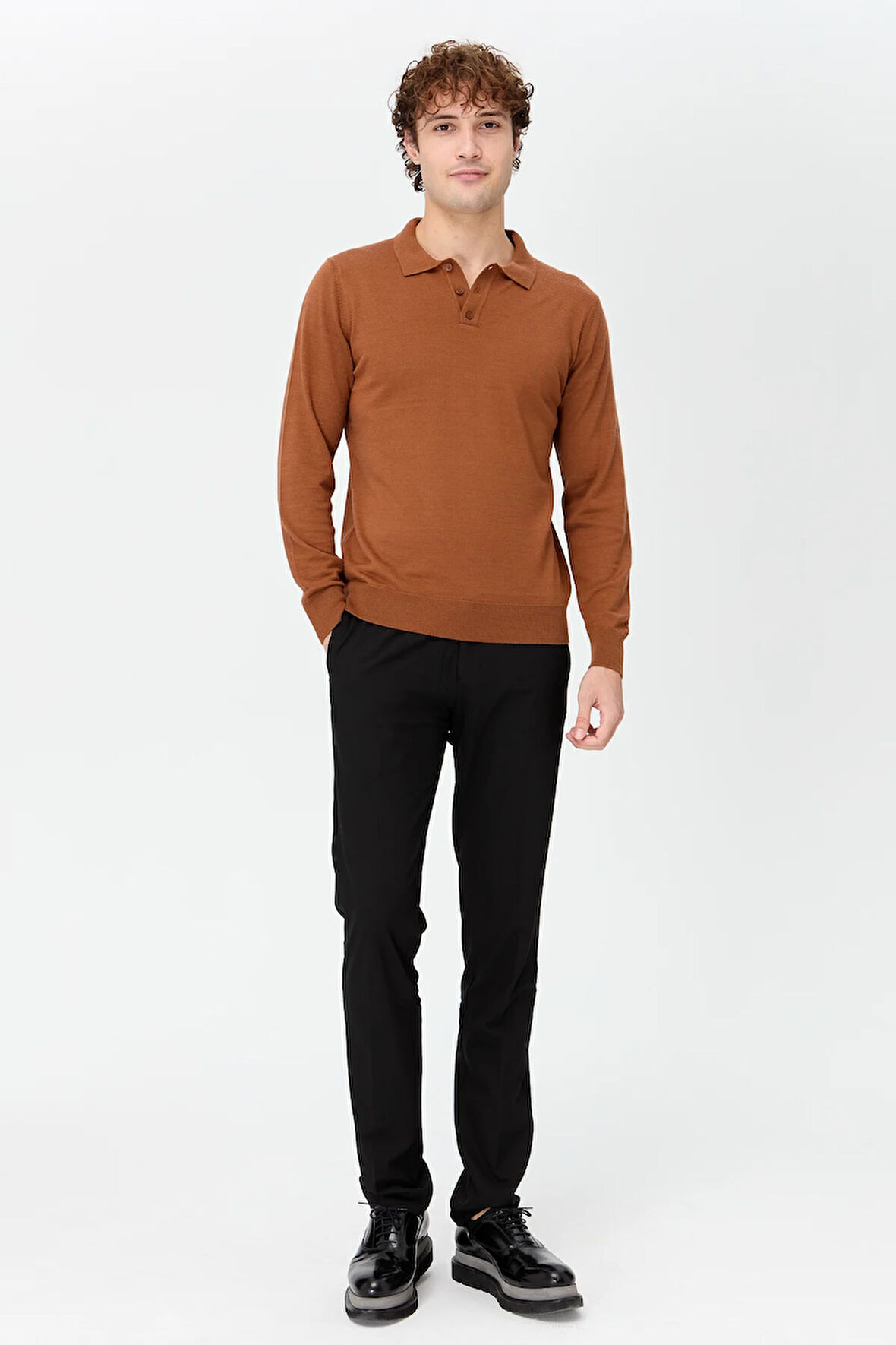 Erkek Basic Polo Yaka İnce Triko Kazak K.taba