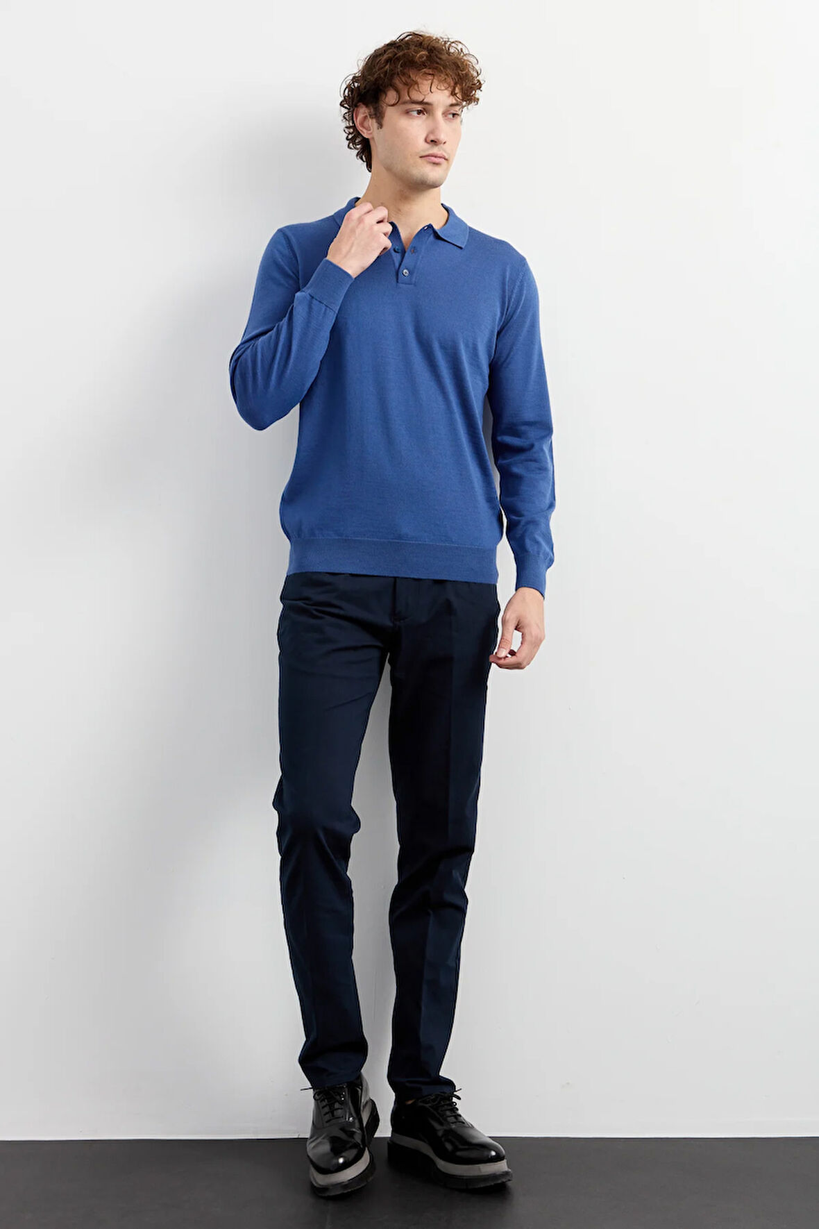 Erkek Basic Polo Yaka İnce Triko Kazak İndigo