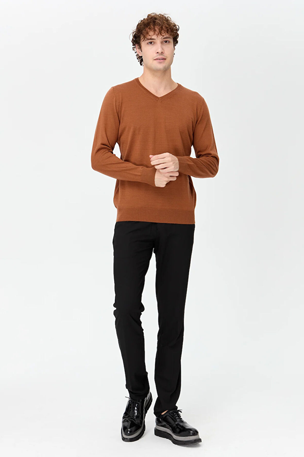 Erkek Basic V Yaka İnce Triko Kazak K.taba