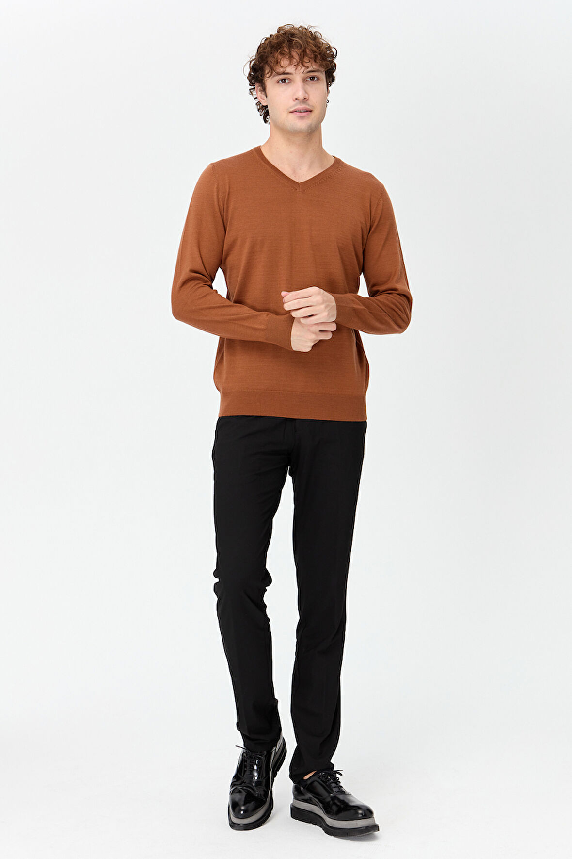 Erkek Basic V Yaka İnce Triko Kazak K.taba