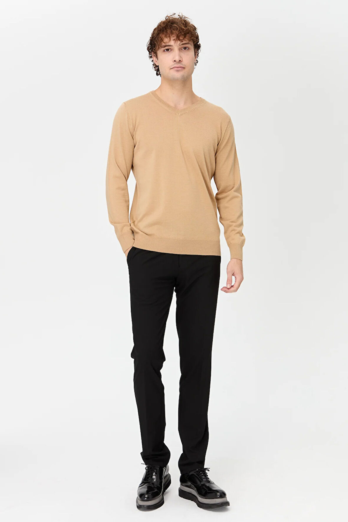 Erkek Basic V Yaka İnce Triko Kazak S.Kahve