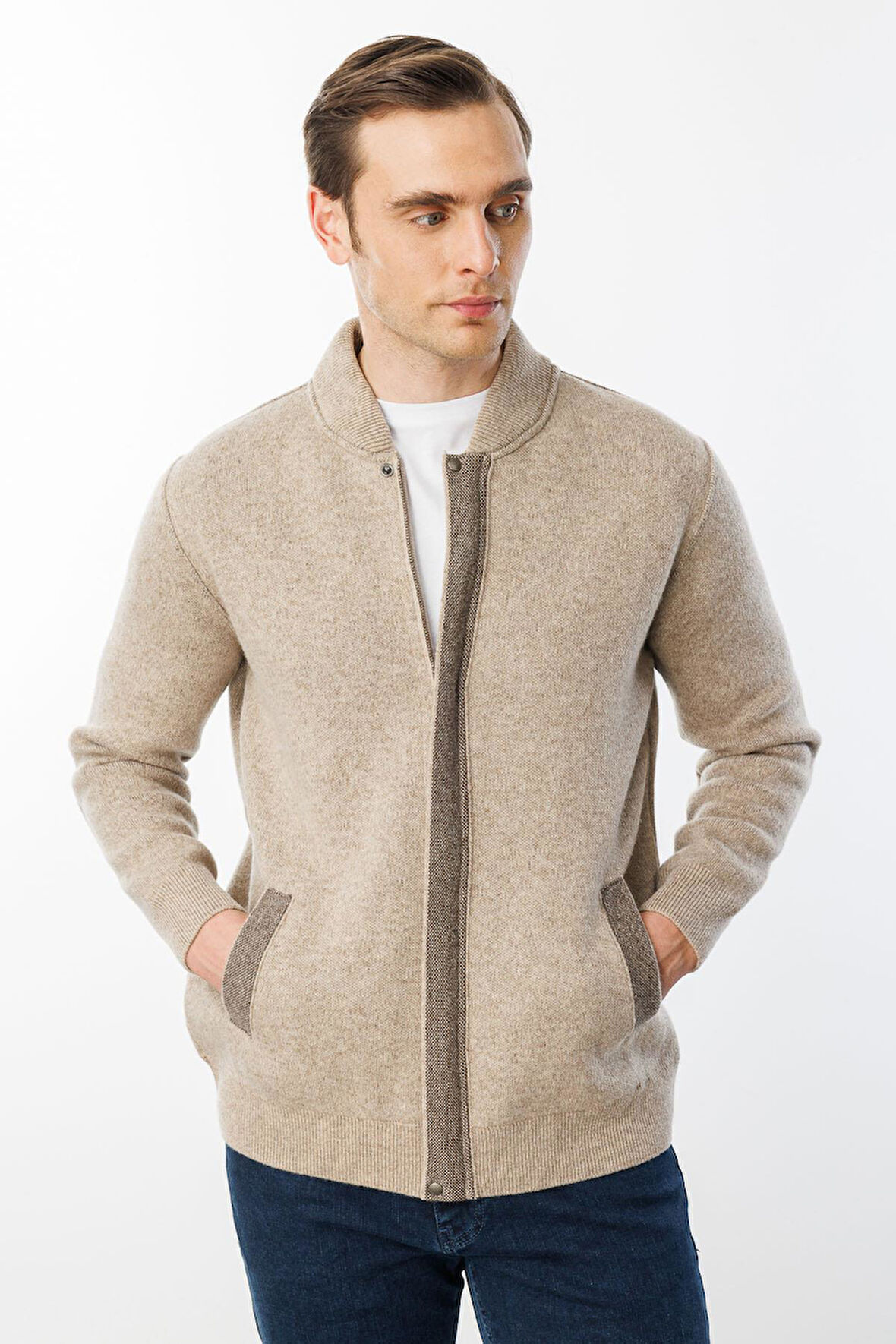 Erkek Pike Dokuma Fermuarlı Cepli Triko Mont K.Bej