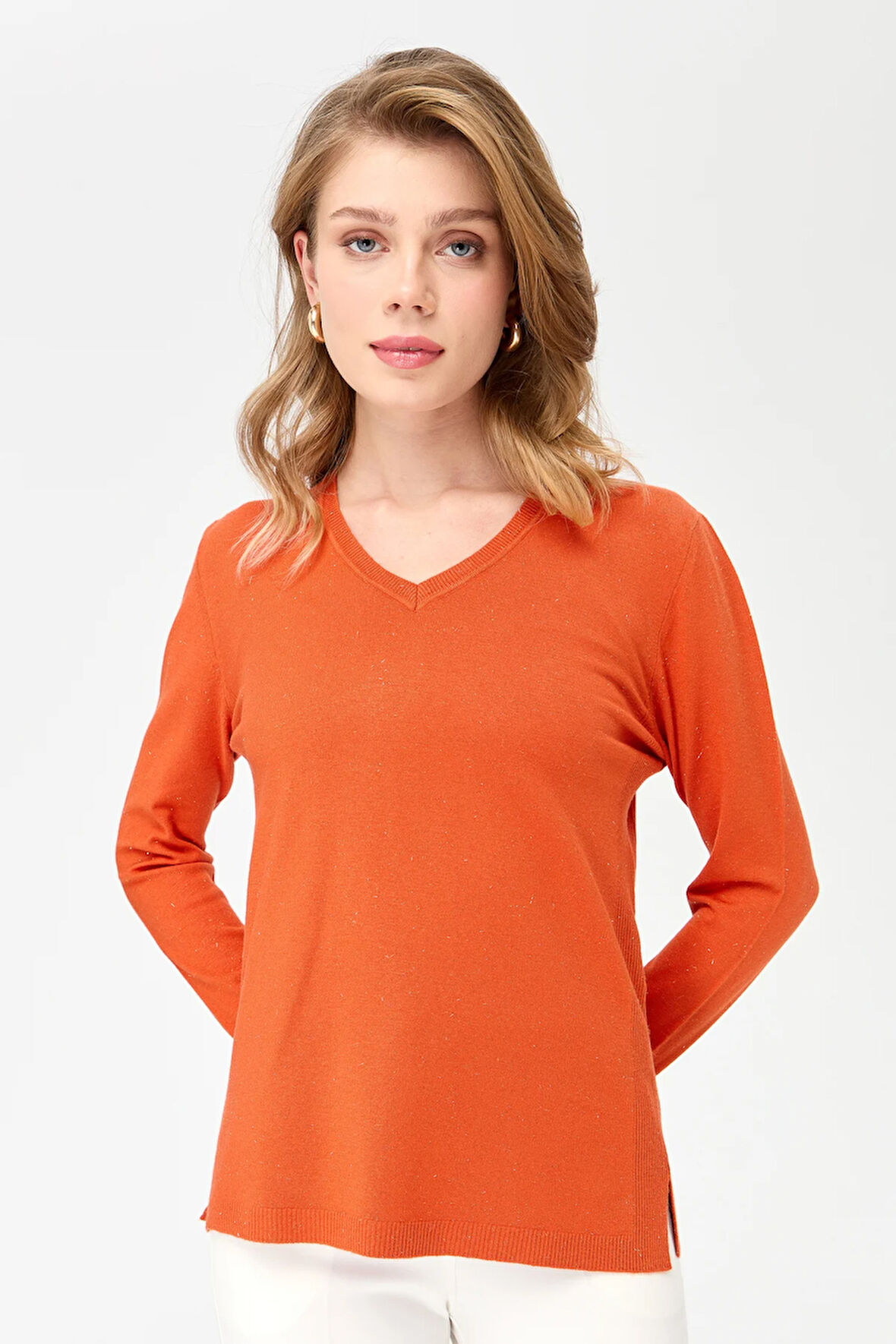 Kadın V Yaka Kolları Düğmeli Simli Bluz Portakal