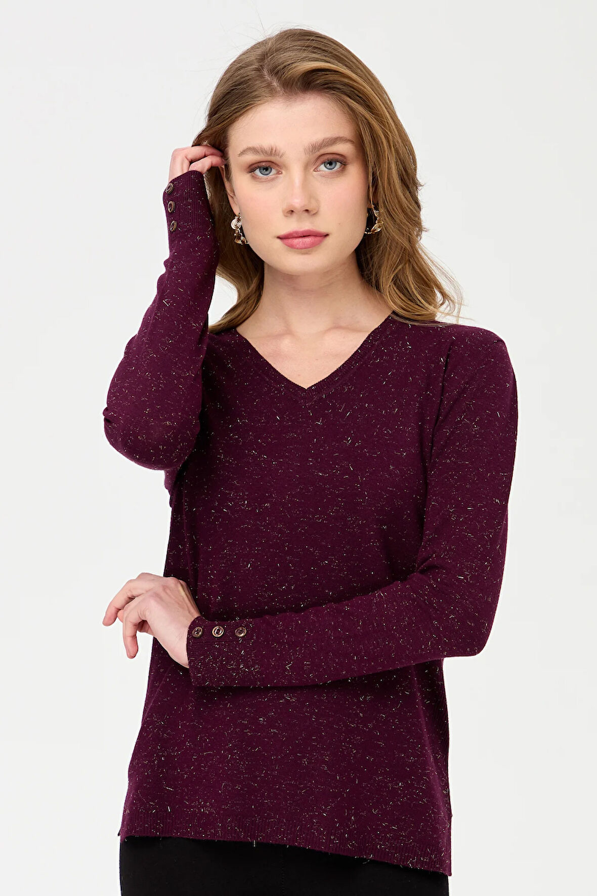 Kadın V Yaka Kolları Düğmeli Simli Bluz K.Mürdüm