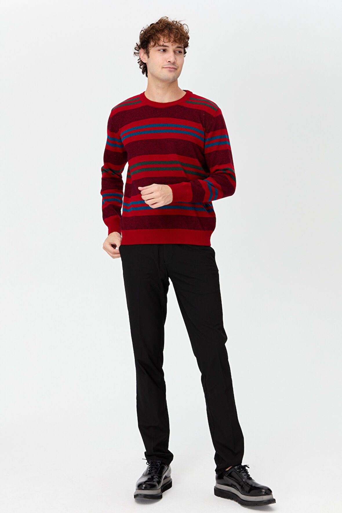 Erkek Sıfır Yaka Renkli Çizgili Klasik Yün Kazak K.Kırmızı