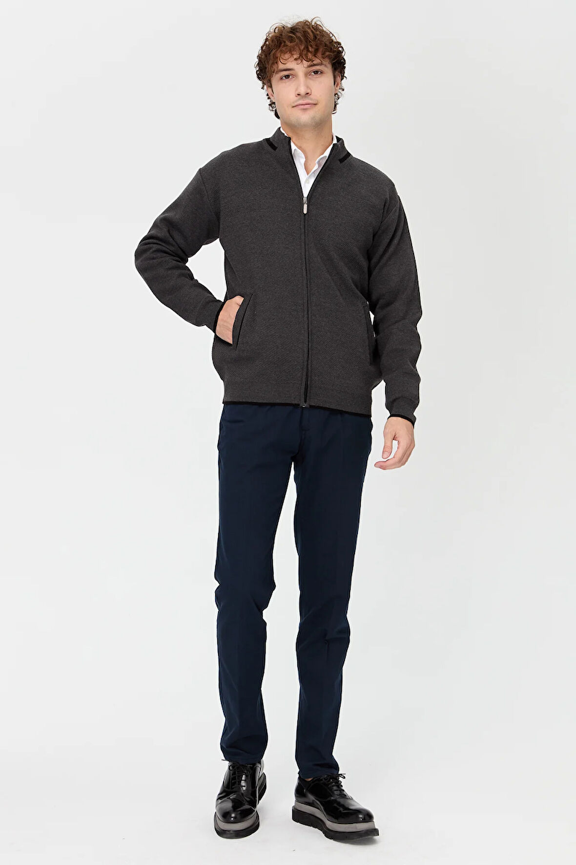 Erkek Hakim Yaka Çelik Örgü Yün Triko Mont K.Gri