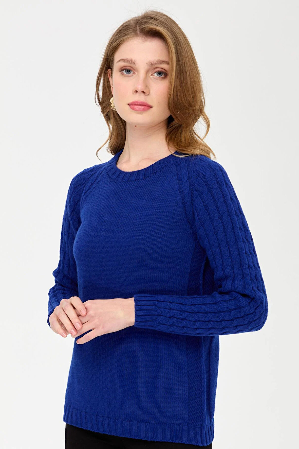 Kadın Sıfır Yaka Kolu Saç Örgü Yün Kazak K.S.Mavi