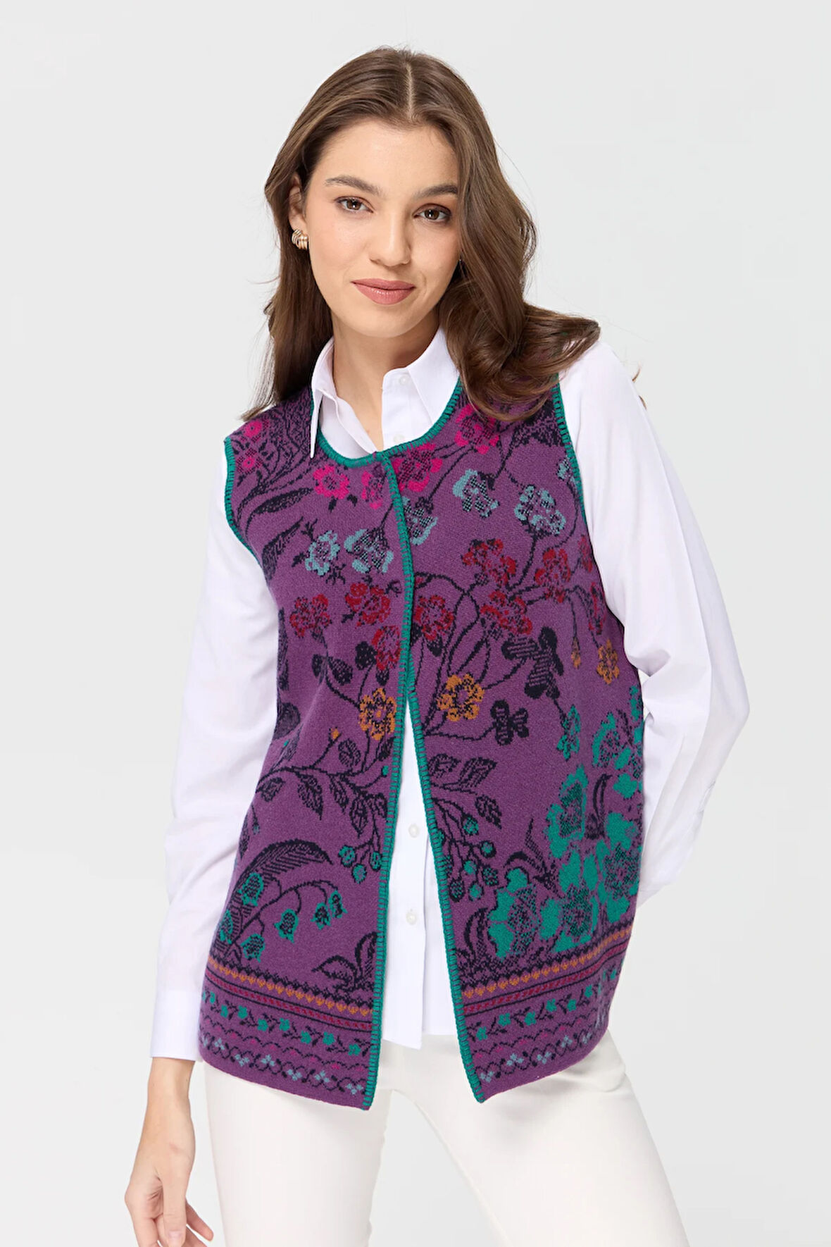 Kadın Sıfır Yaka Sarmaşık Desenli Yün Yelek A.Mor