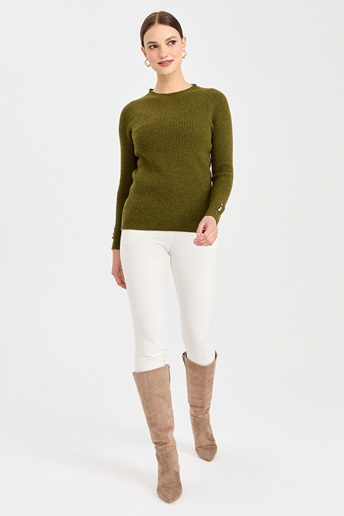 Kadın Sıfır Yaka Kol Ucu Düğmeli Yün Kazak A.K.Yeşili