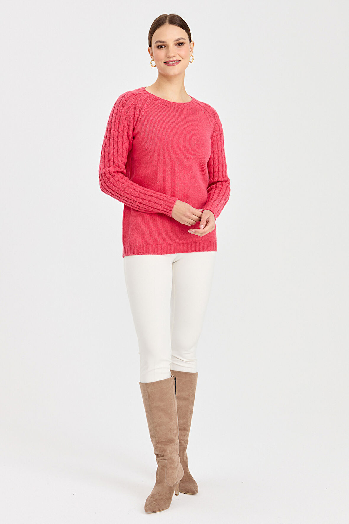 Kadın Sıfır Yaka Kolu Saç Örgü Yün Kazak Y.Ş.Pembe