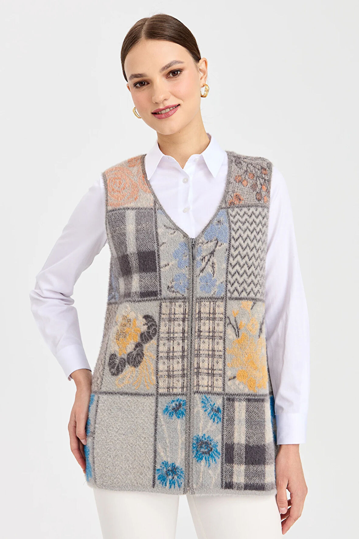 Kadın V Yaka Patchwork Yelek K.Gri