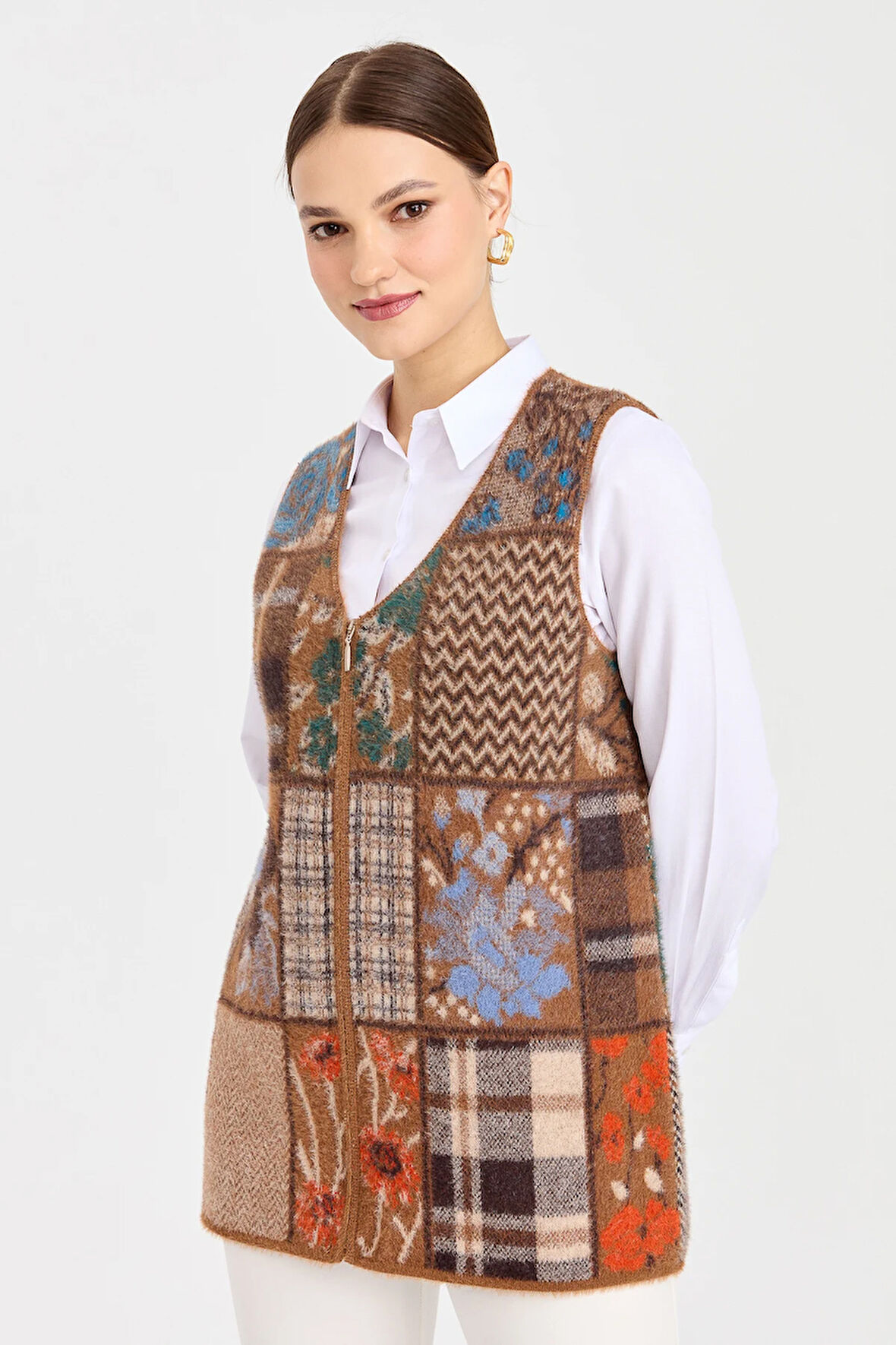 Kadın V Yaka Patchwork Yelek Viski