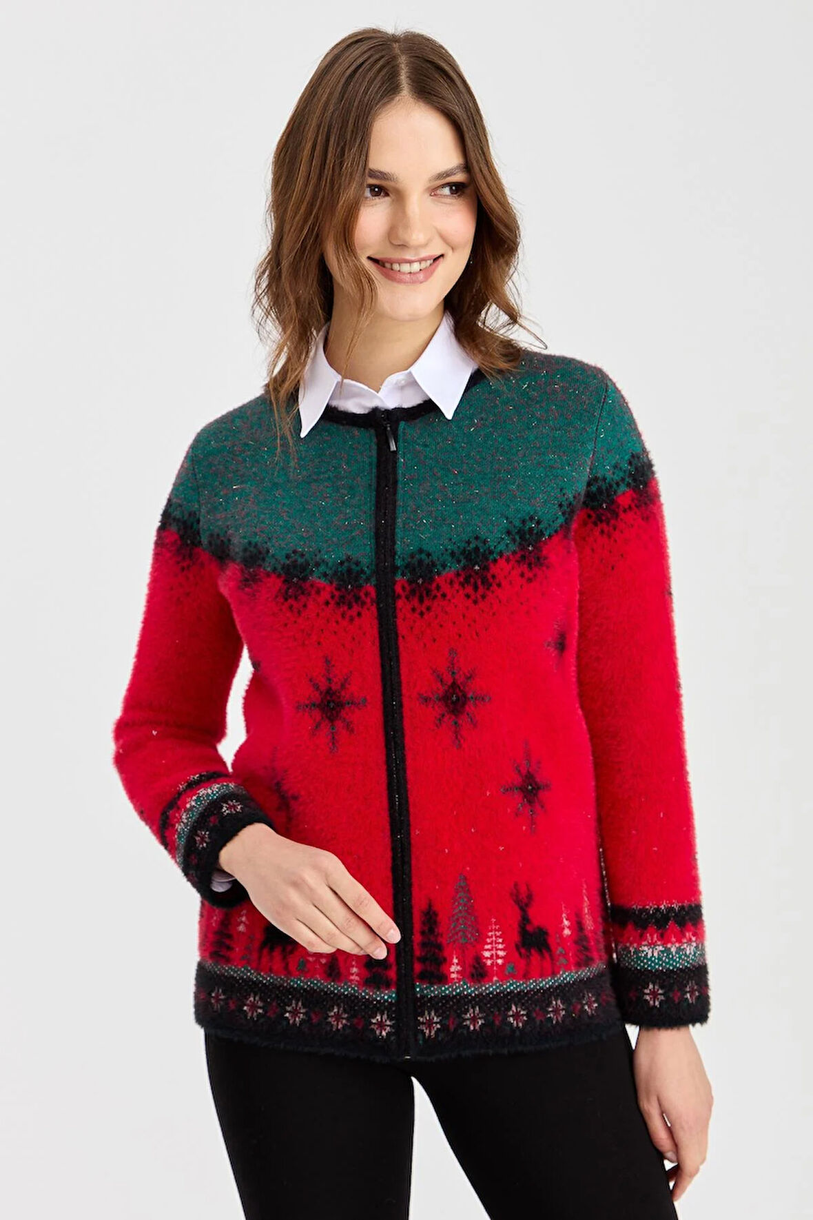 Kadın Sıfır Yaka Yılbaşı Desenli Hırka Y.Kırmızı