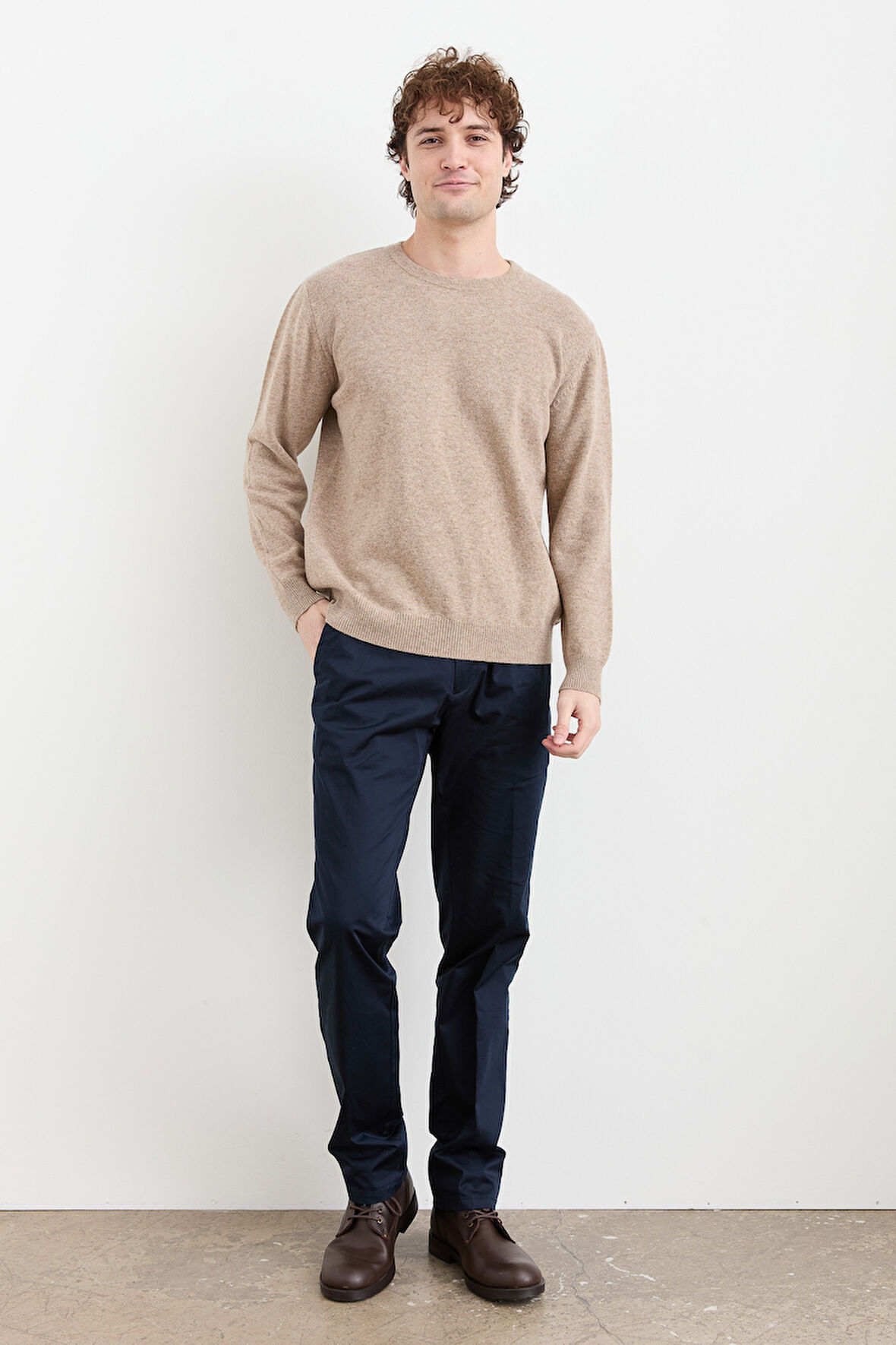 Erkek Sıfır Yaka Klasik Yün Kazak K.Bej