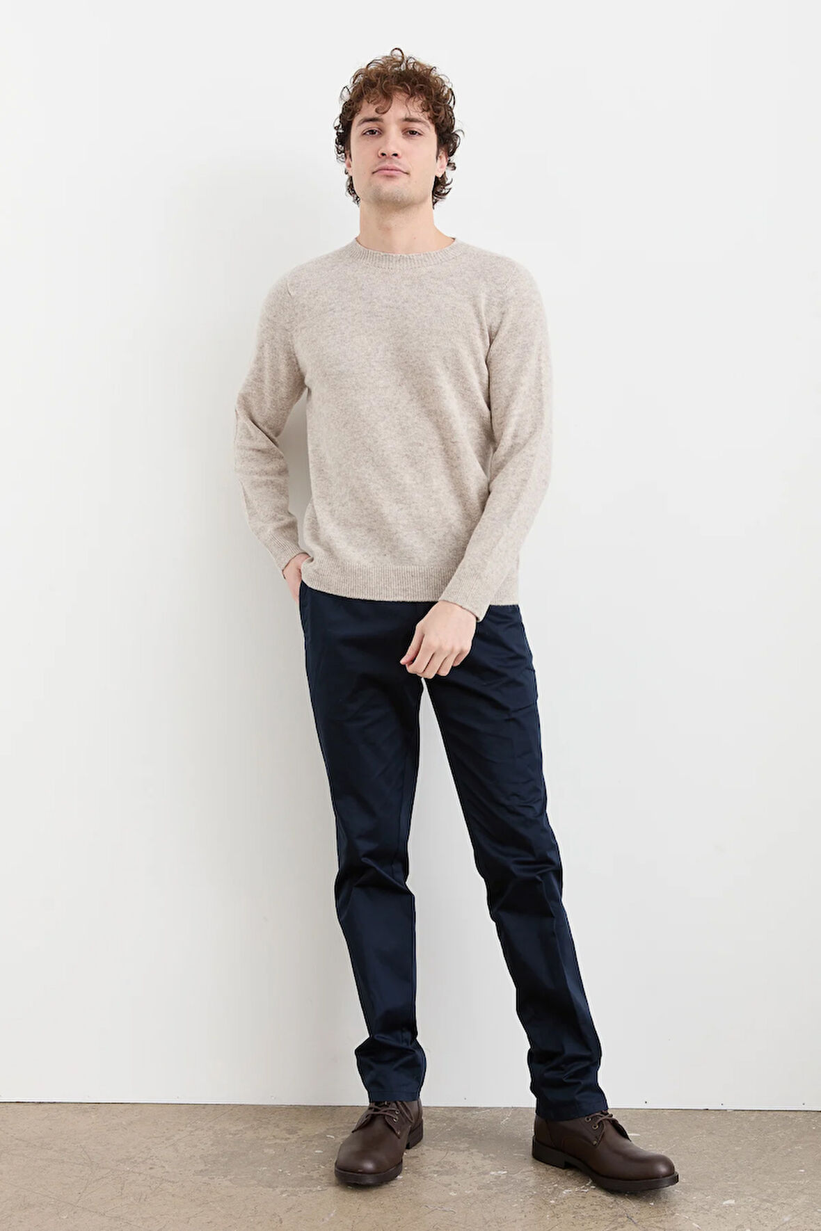 Erkek Sıfır Yaka Basic Yün Kazak V.Bej