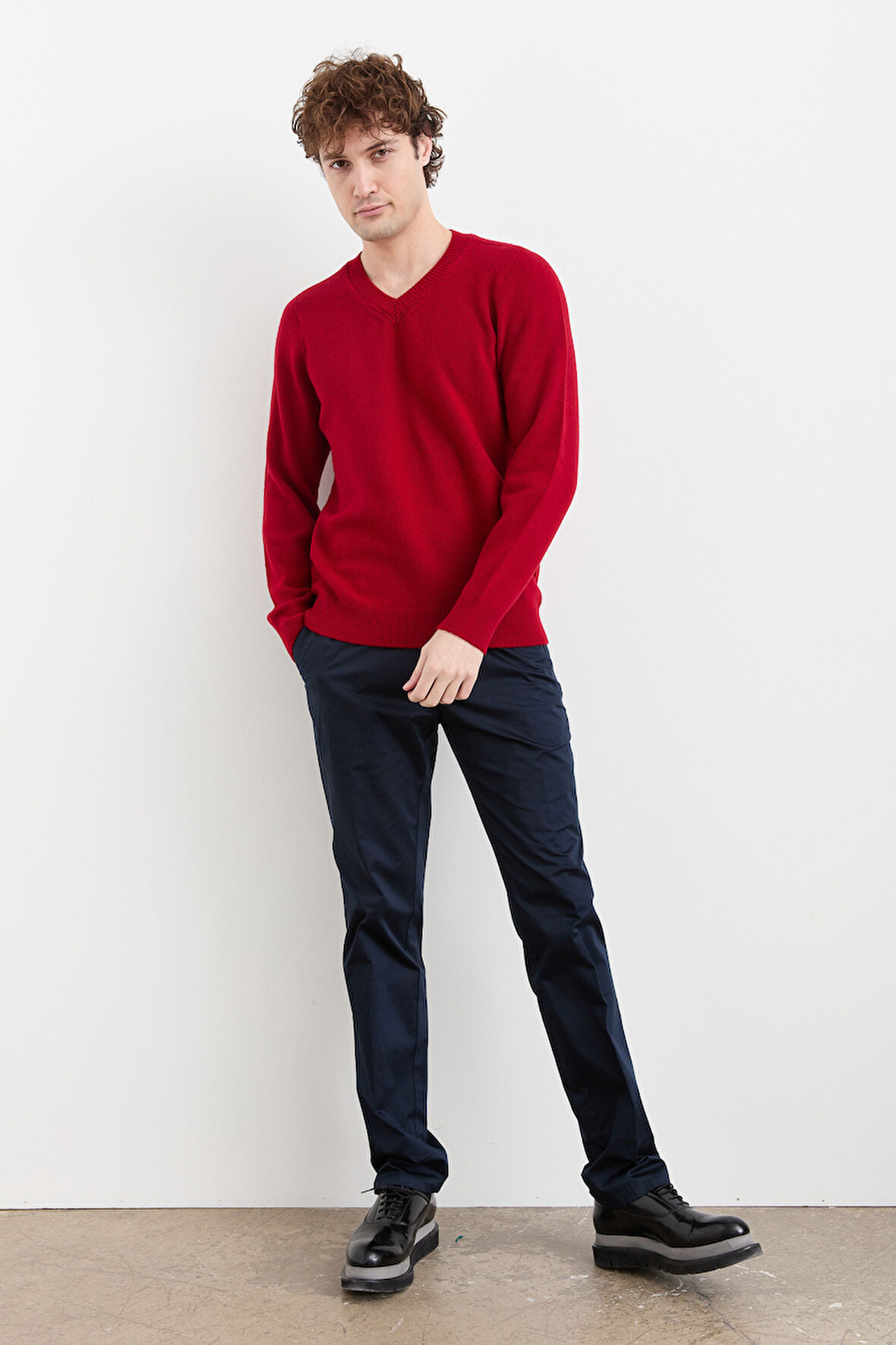 Erkek V Yaka Basic Yün Kazak K.Kırmızı