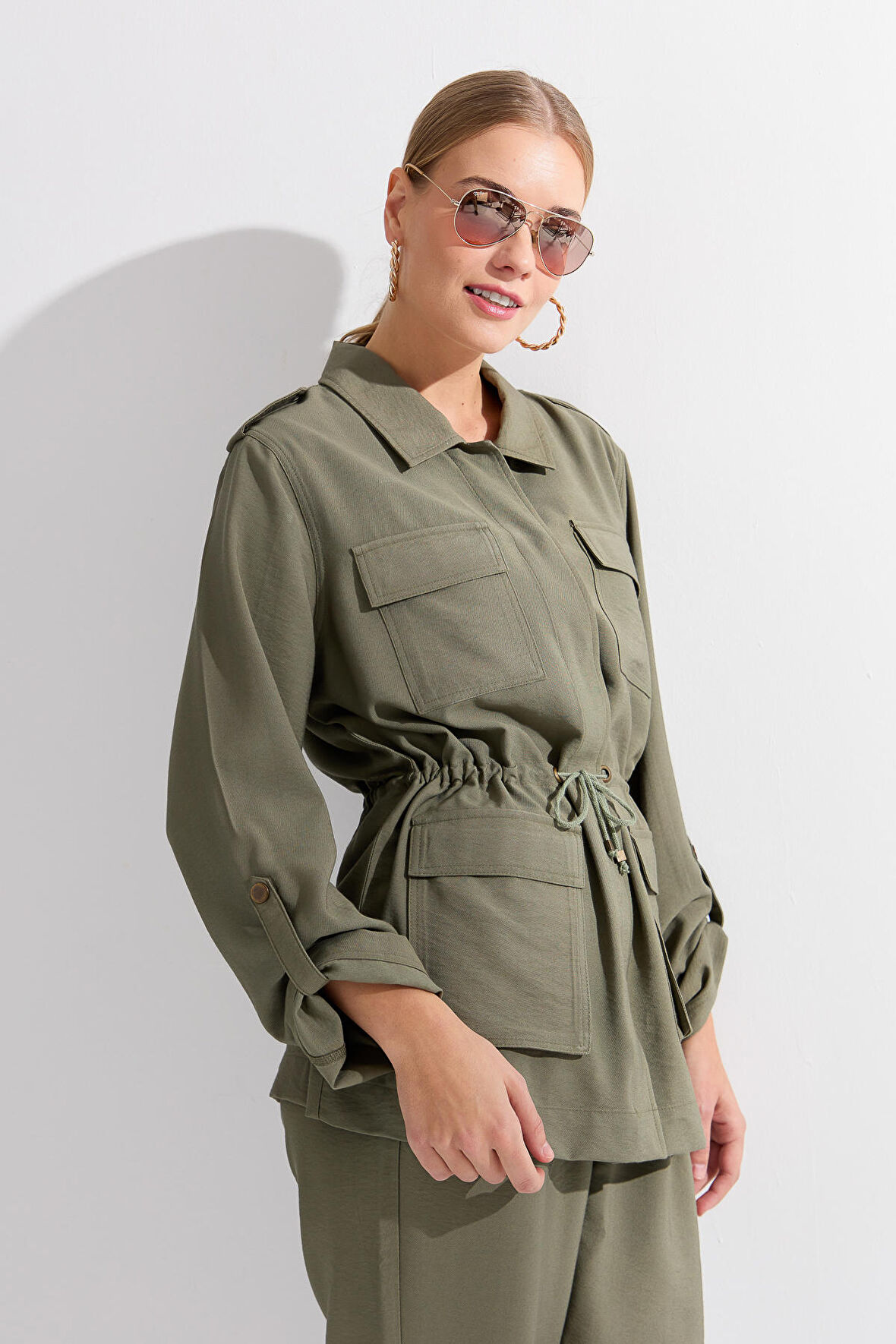 Kadın Safari Model Keten Ceket Haki