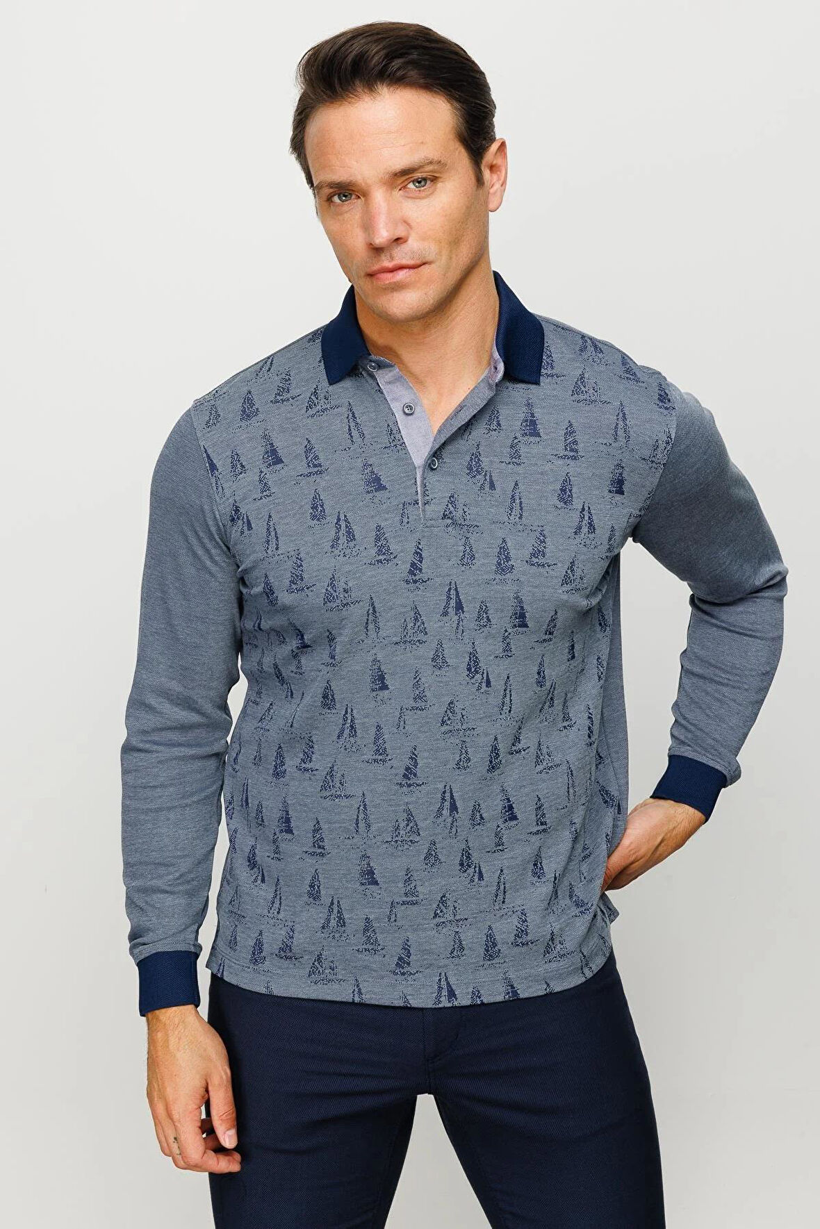 Erkek Polo Yaka Yelken Desenli Sweatshirt Füme